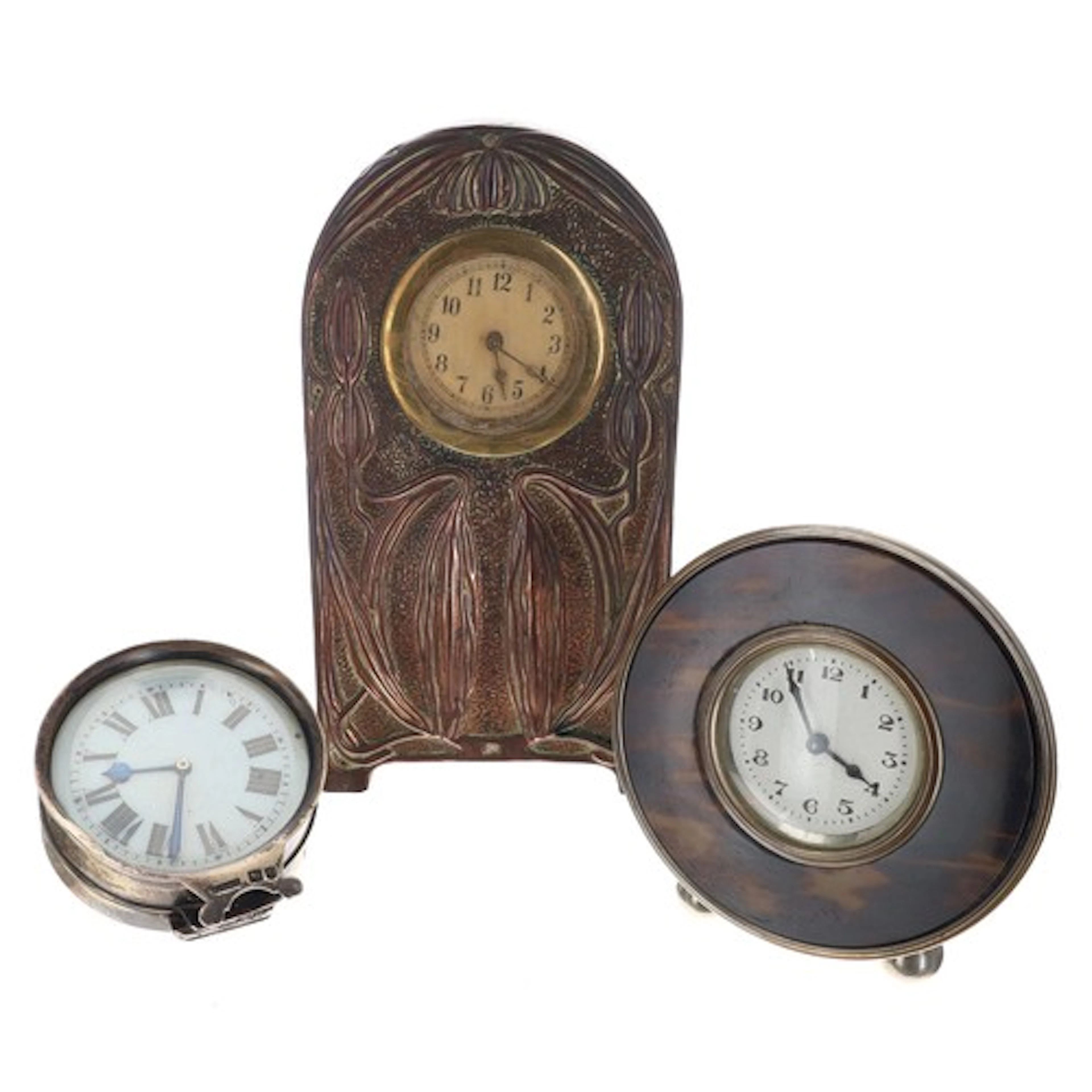 Art Nouveau copper embossed mantel clock timepiece, the 2" c...