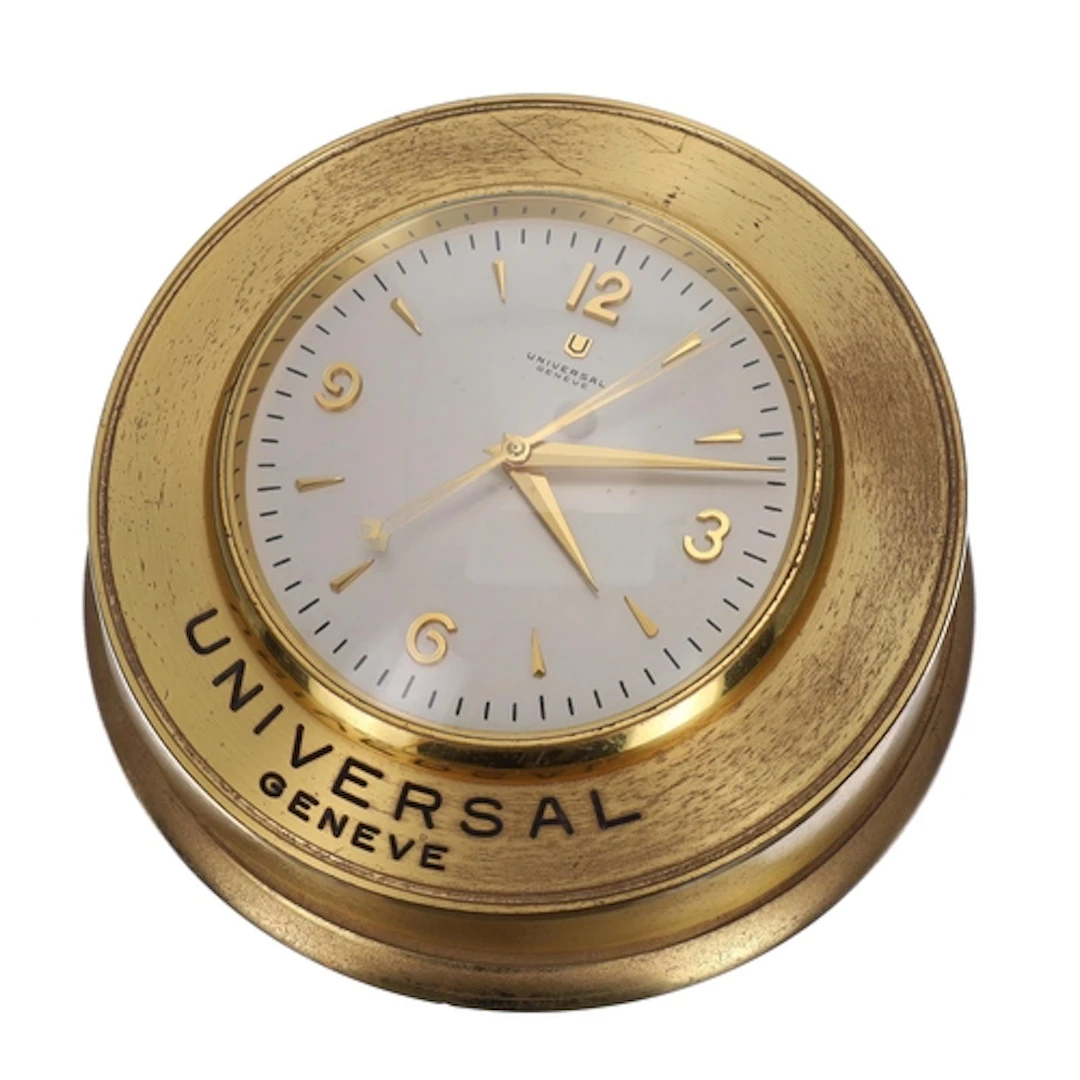 Universal Geneve 3 Days circular brass desk clock, 4" signed...