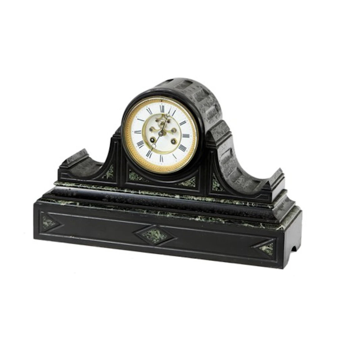 French late 19th century black slate and marble drumhead man...