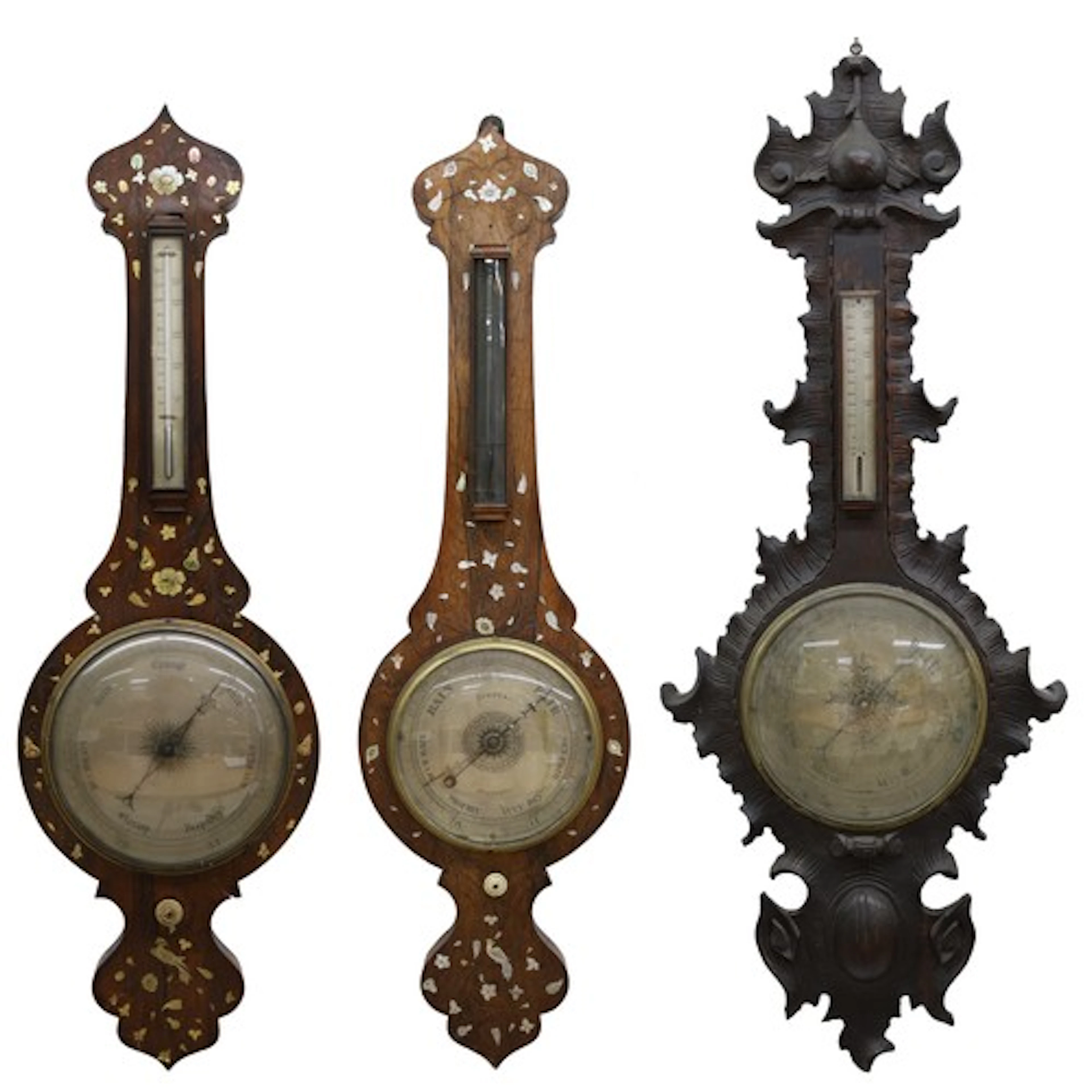 Victorian carved oak barometer of large size, with foliate o...