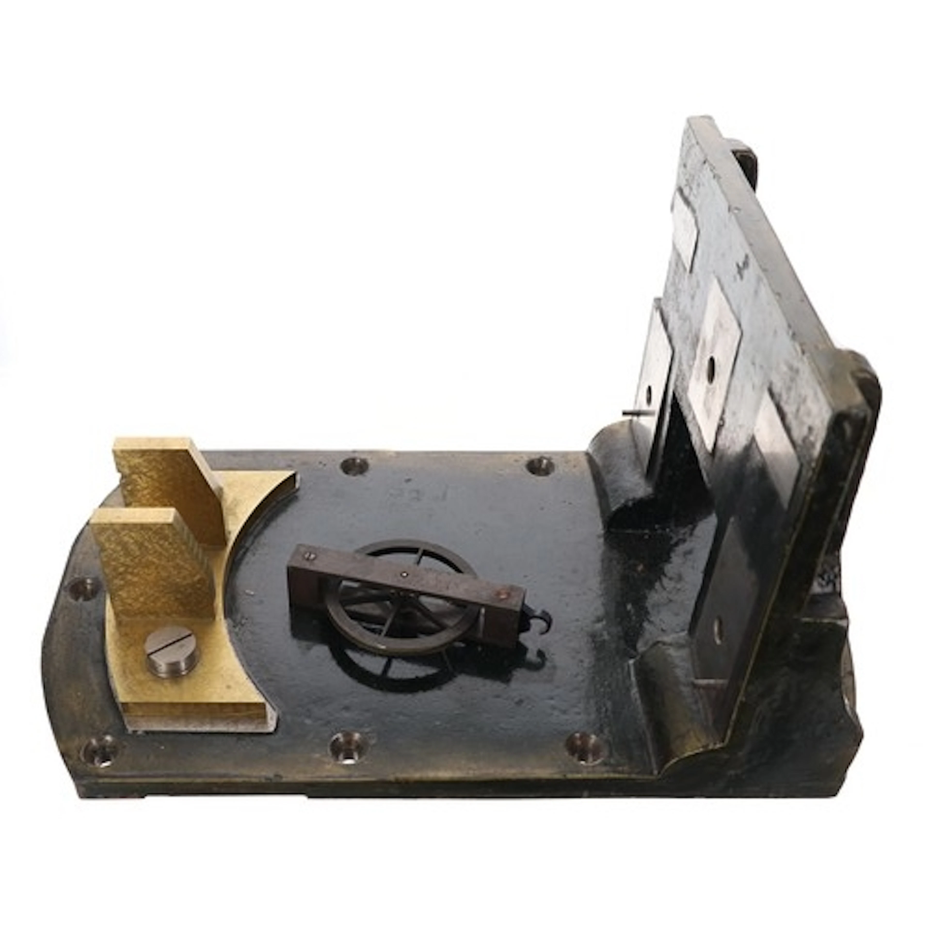 Clock regulator cast metal bracket with a pulley, 6.75" wide...