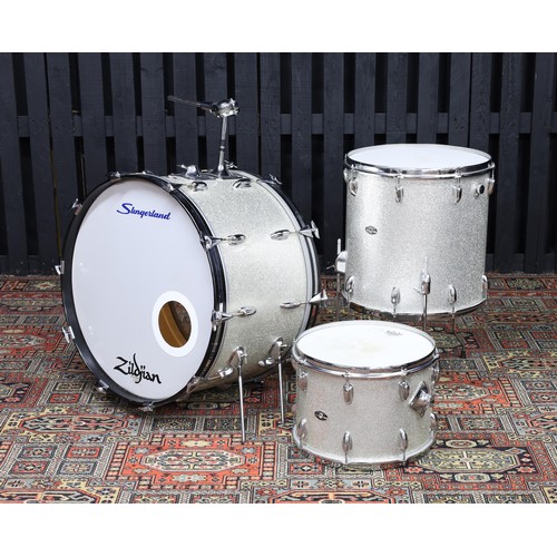 1970s Slingerland silver sparkle three piece drum kit, black...