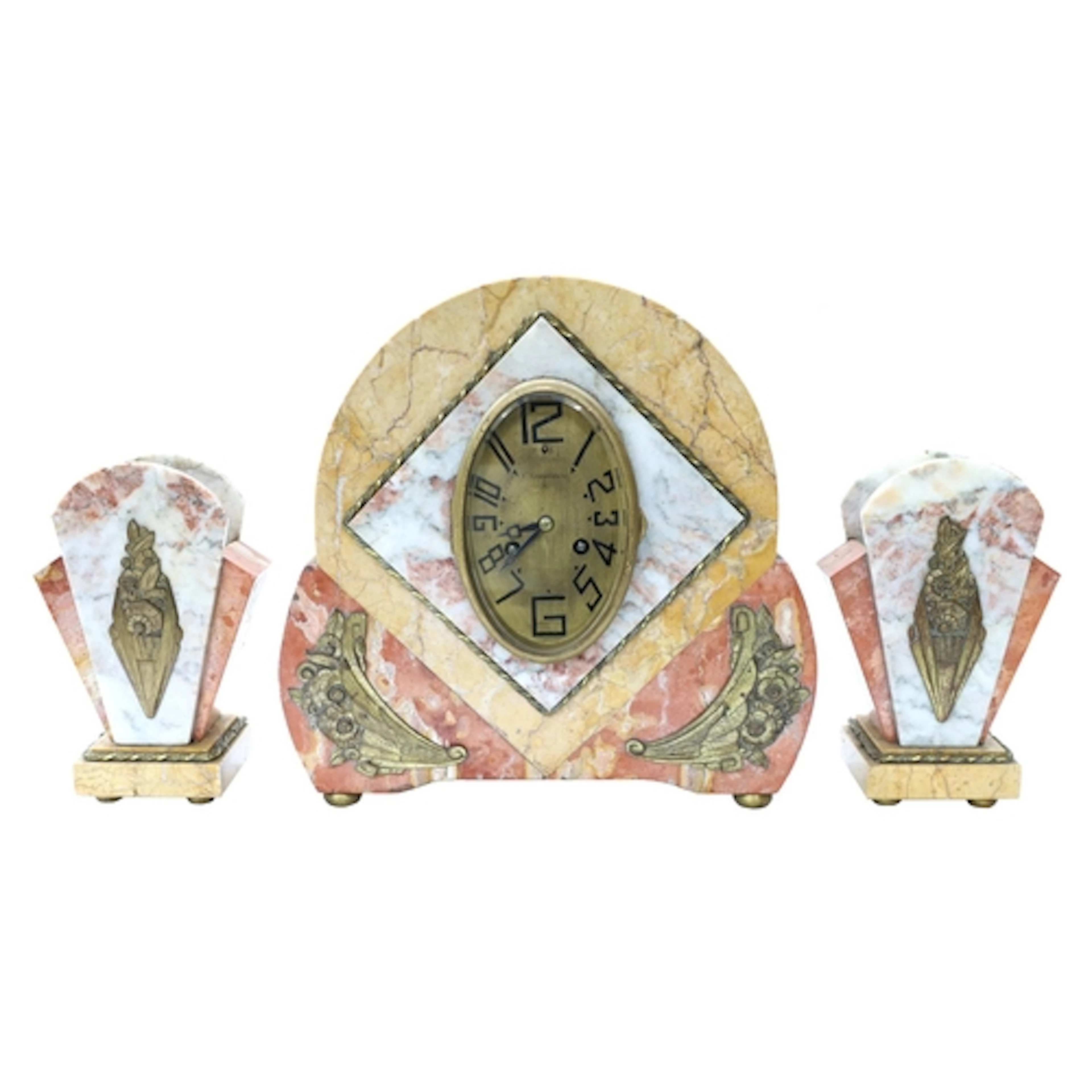 French Art Deco marble clock garniture, the oval dial with s...