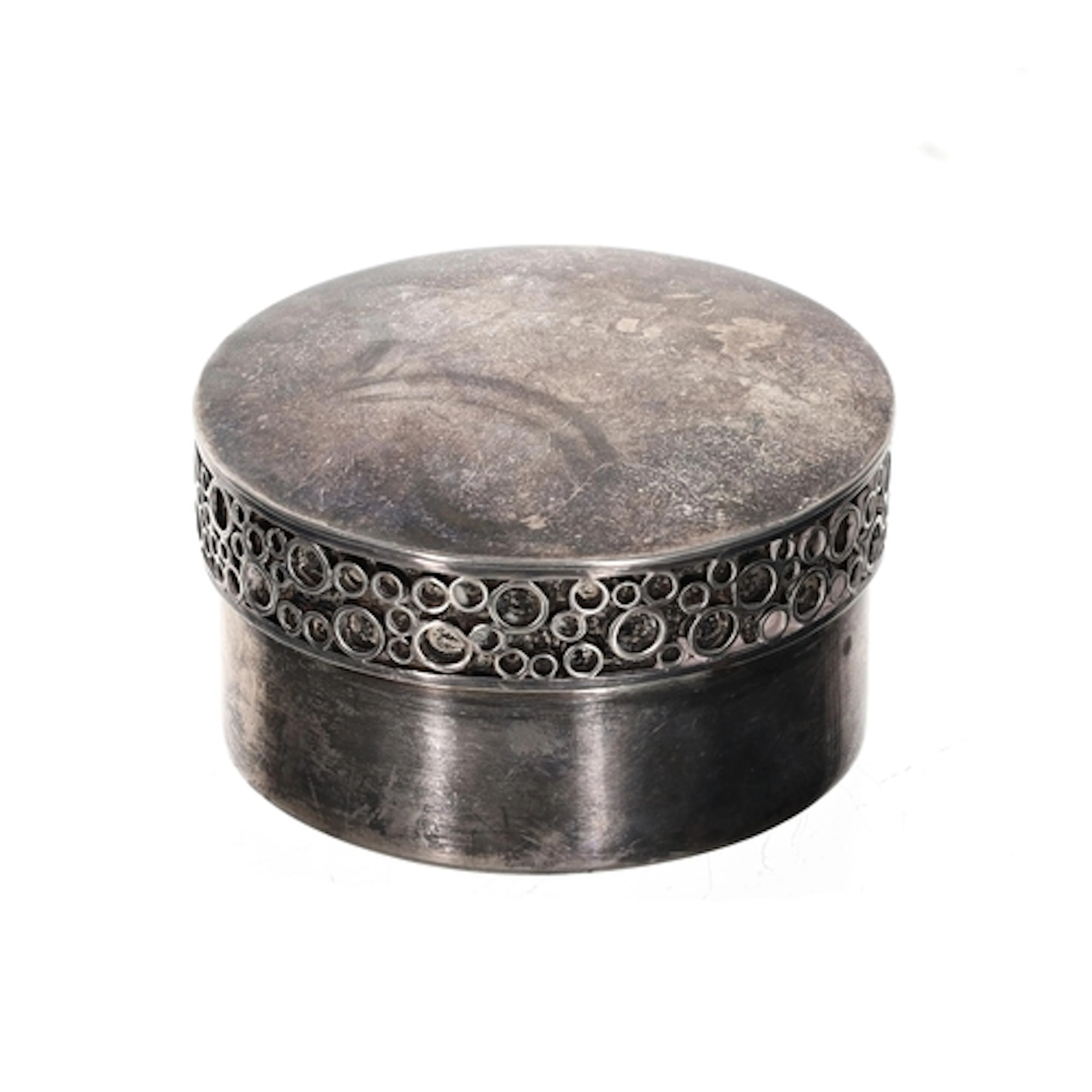 Modern silver circular box and cover, pull off lid with styl...