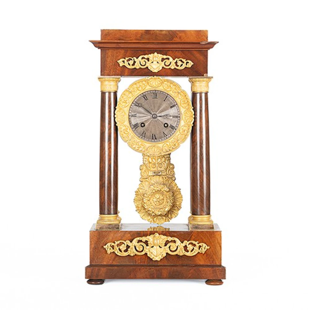 French 19th century mahogany portico clock, the 3.25" circul...