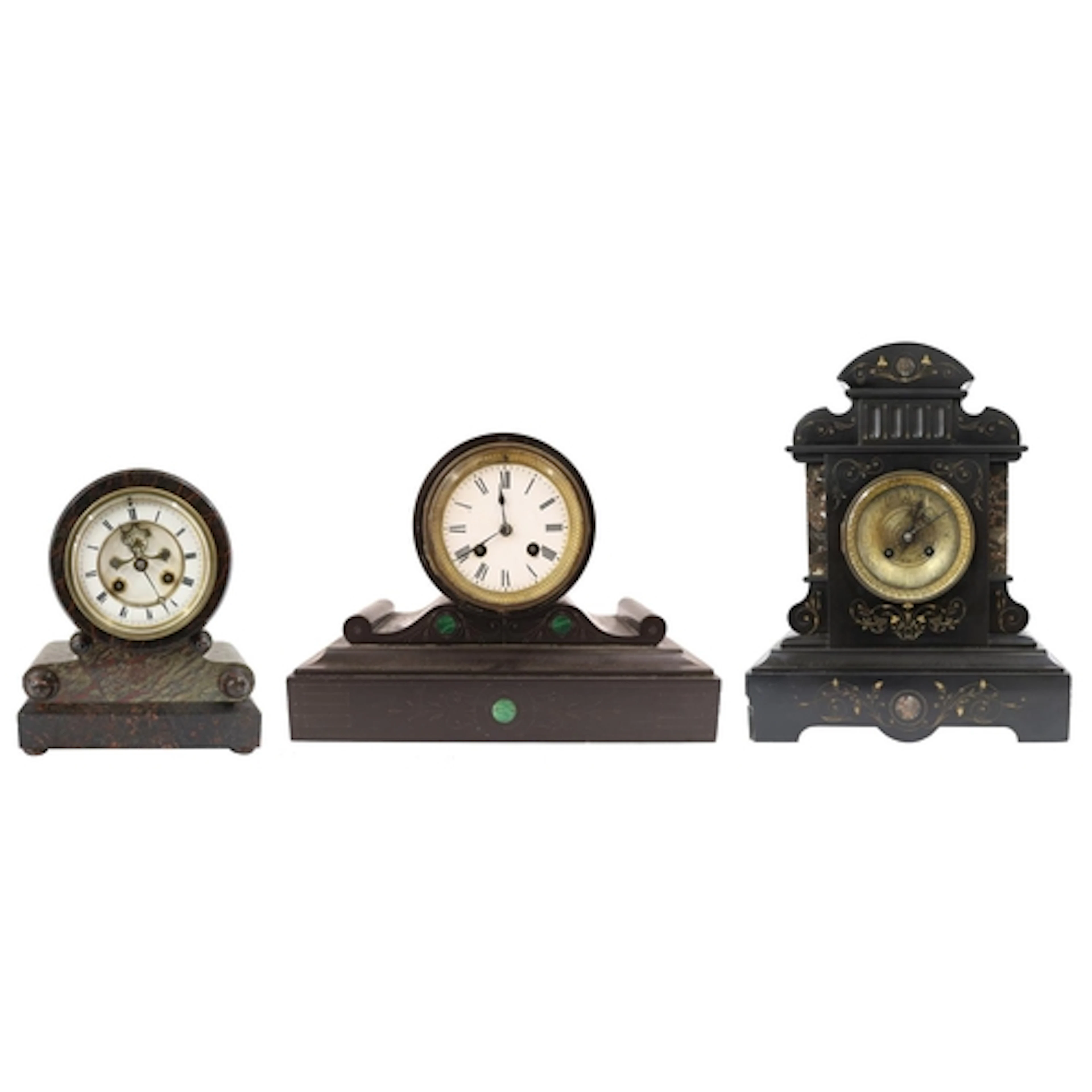 French serpentine marble drumhead mantel clock for repair, t...