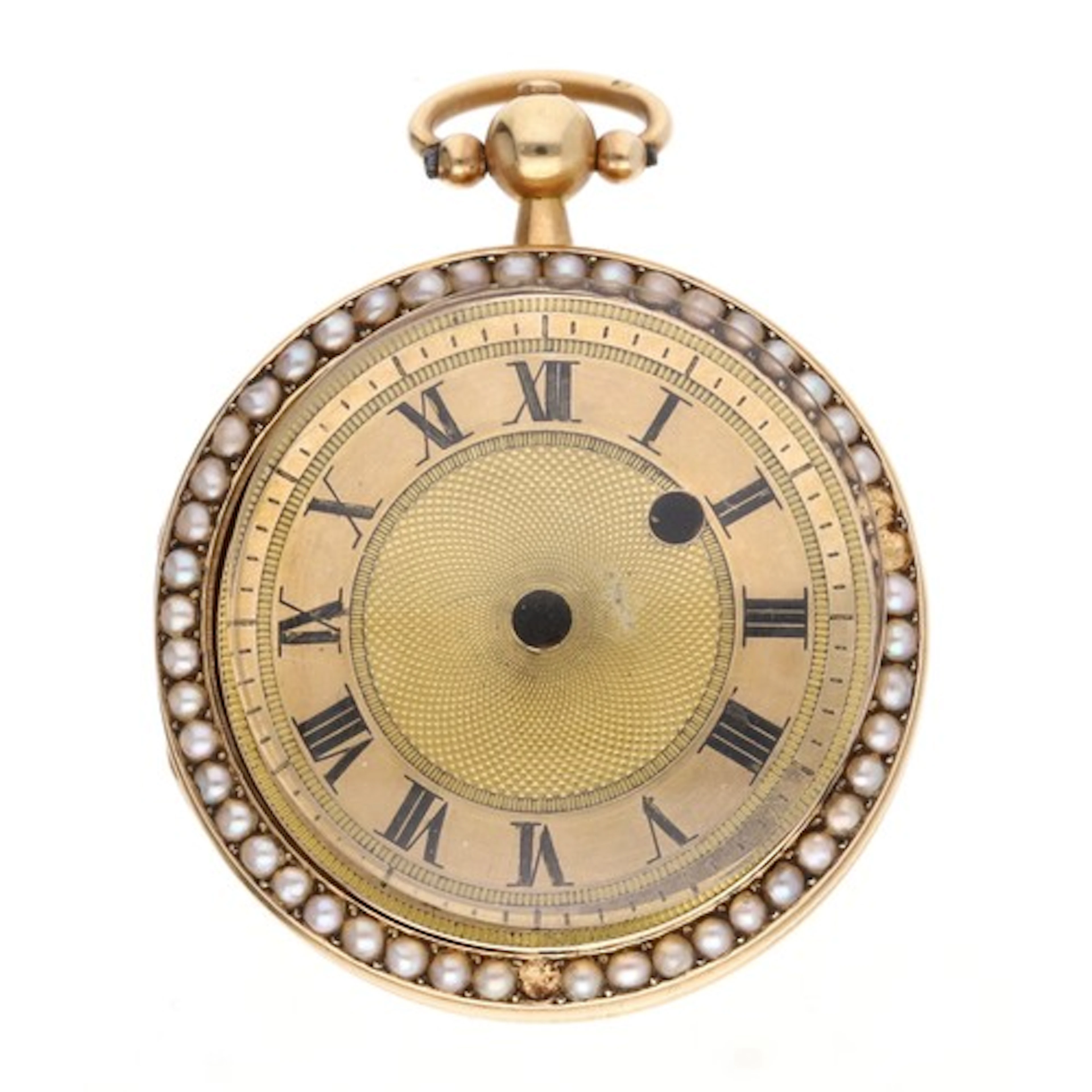 Swiss gold pearl set fob watch case with a gold dial, 10.1gm...