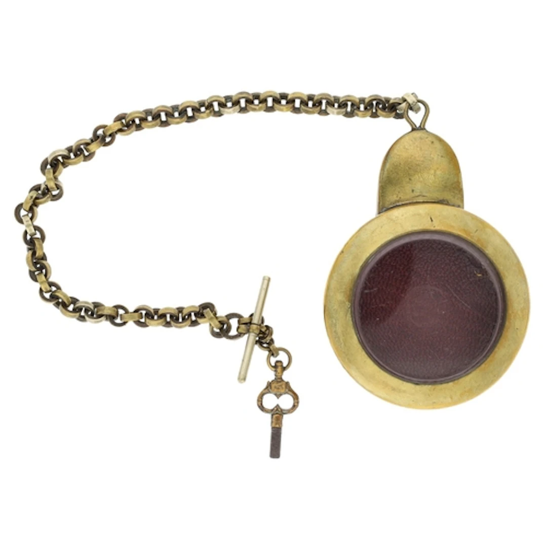 Brass pocket watch protective case, with chain, T-bar and po...