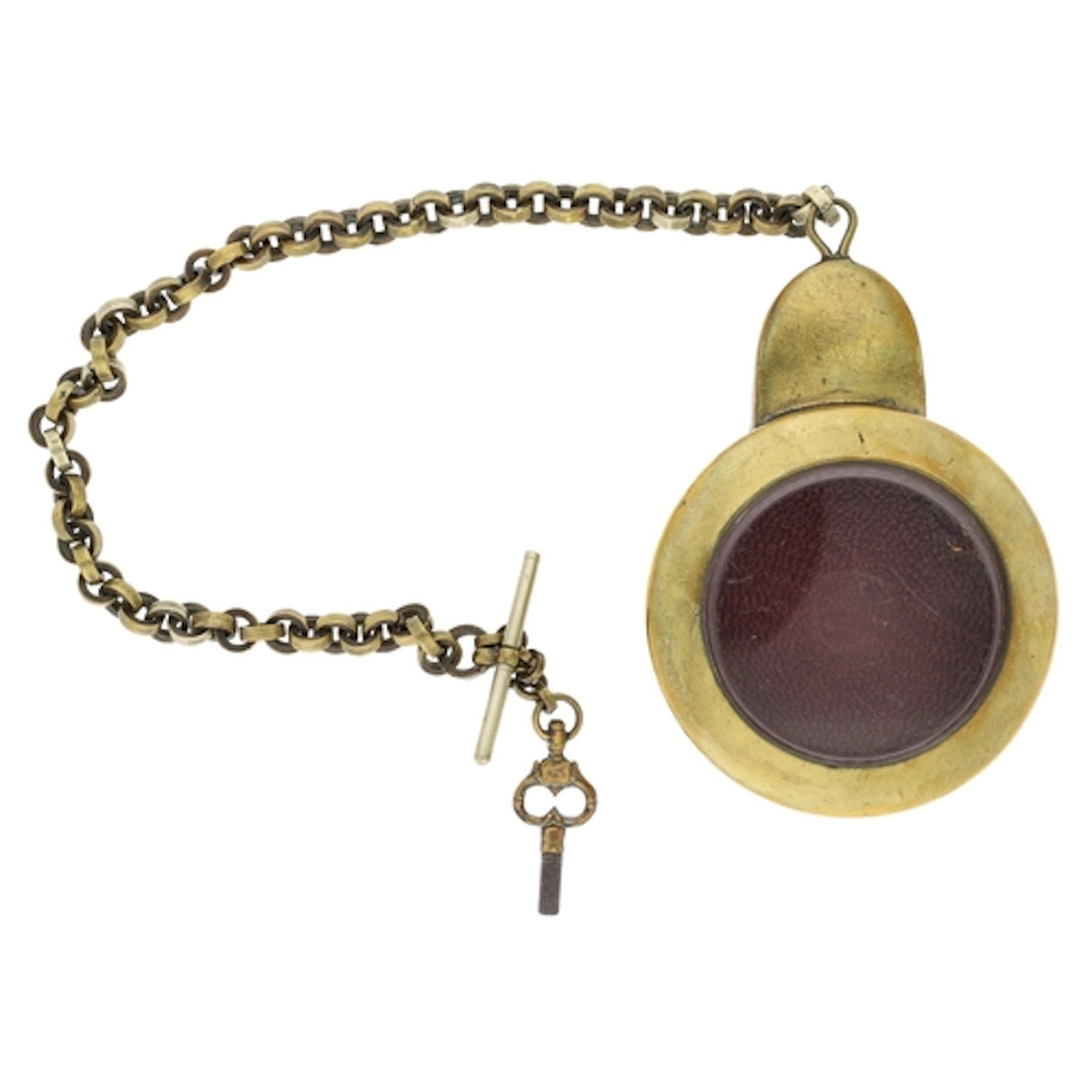 Brass pocket watch protective case, with chain, T-bar and po...