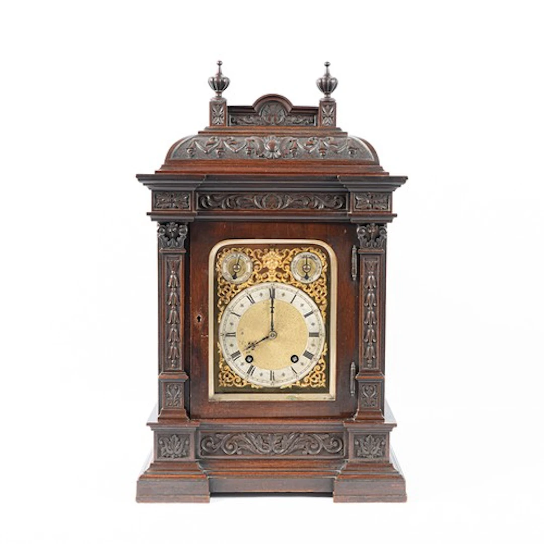 Winterhalder & Hofmeier carved mahogany bracket clock, t...