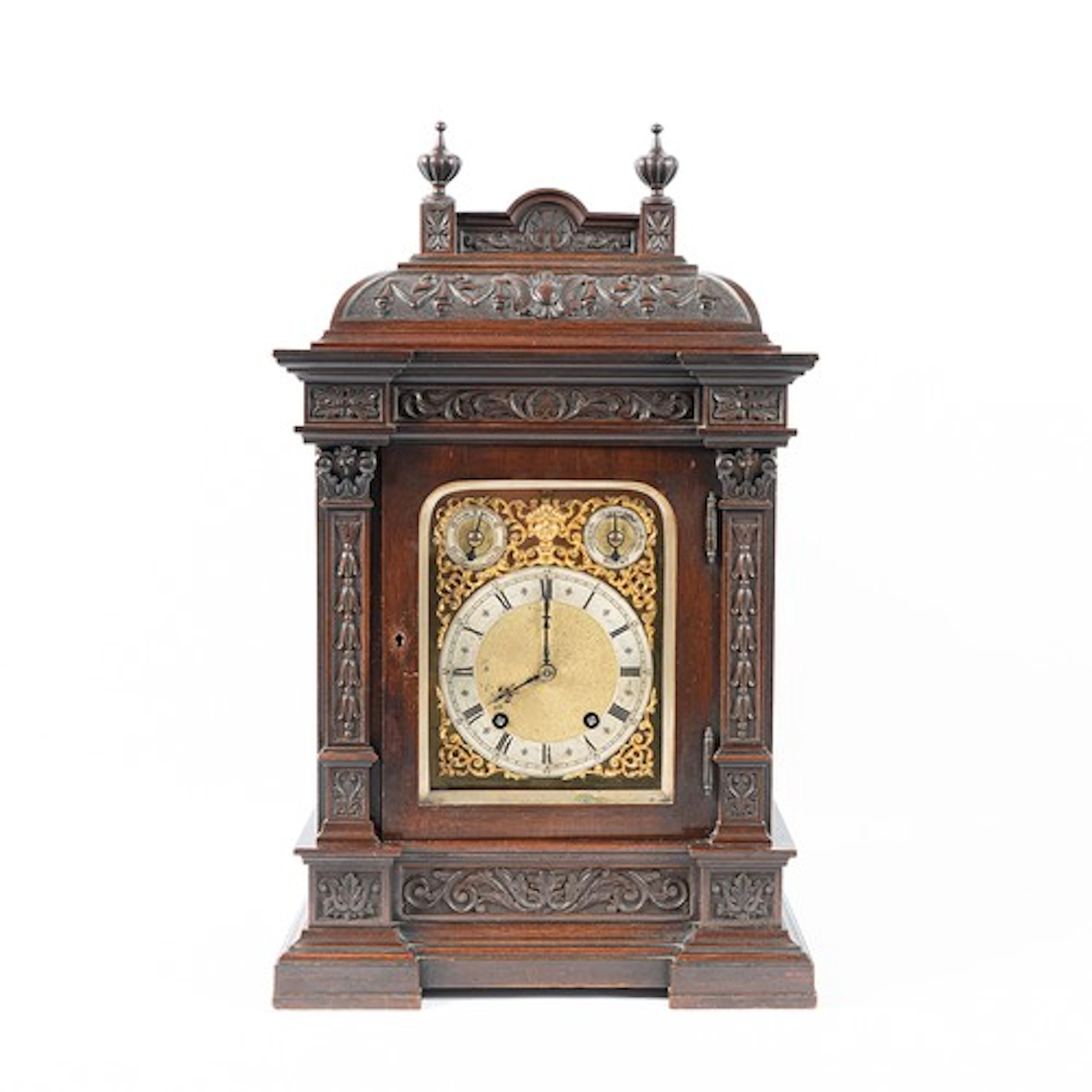 Winterhalder & Hofmeier carved mahogany bracket clock, t...