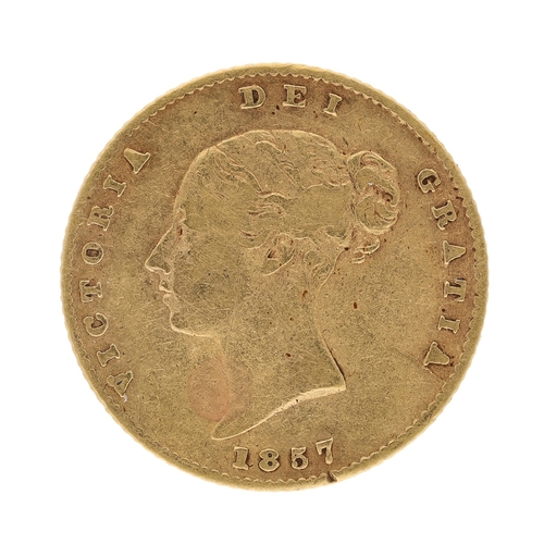 Victorian 1857 'young head' shield back half sovereign coin,...