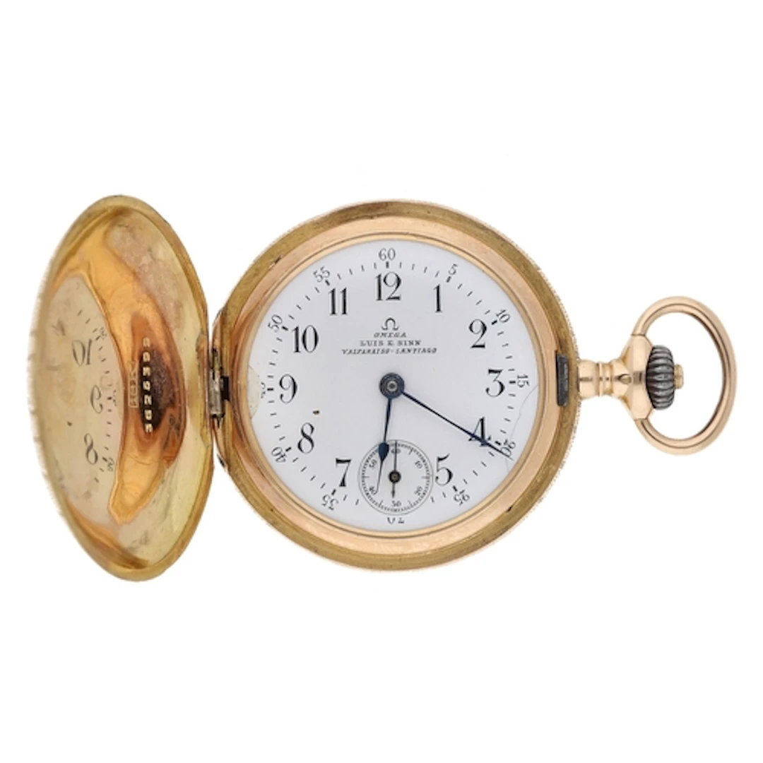 Omega 18ct lever hunter fob watch, signed movement with comp...