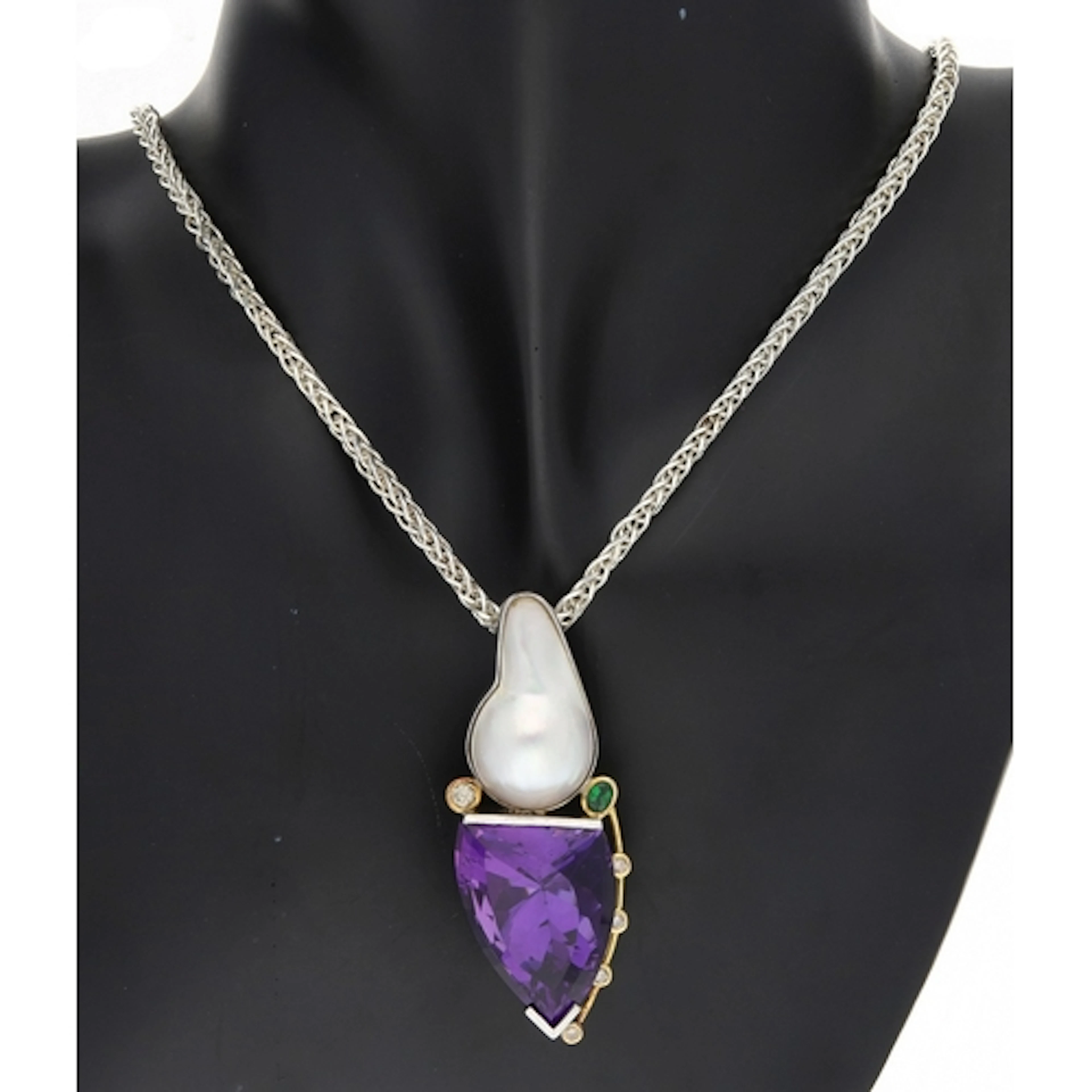 Modernist silver and 18ct amethyst, pearl, diamond and gem s...
