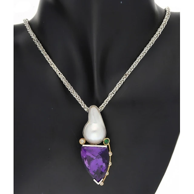 Modernist silver and 18ct amethyst, pearl, diamond and gem s...