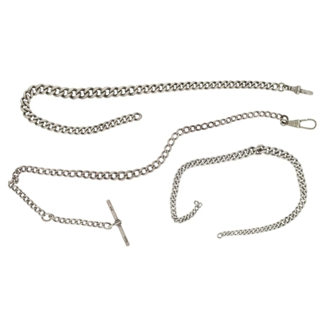 Three silver graduated curb link watch chains, one with silv...