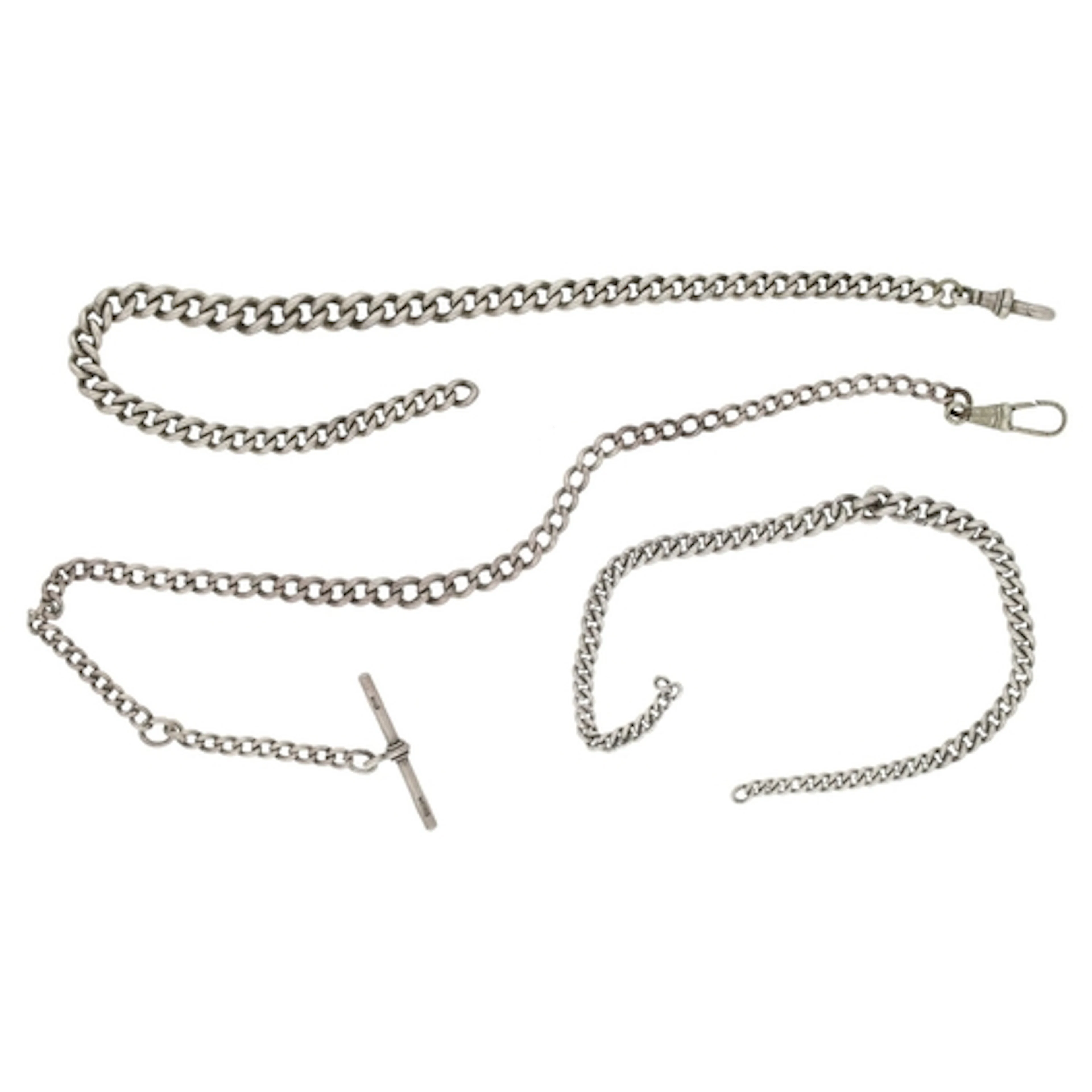Three silver graduated curb link watch chains, one with silv...