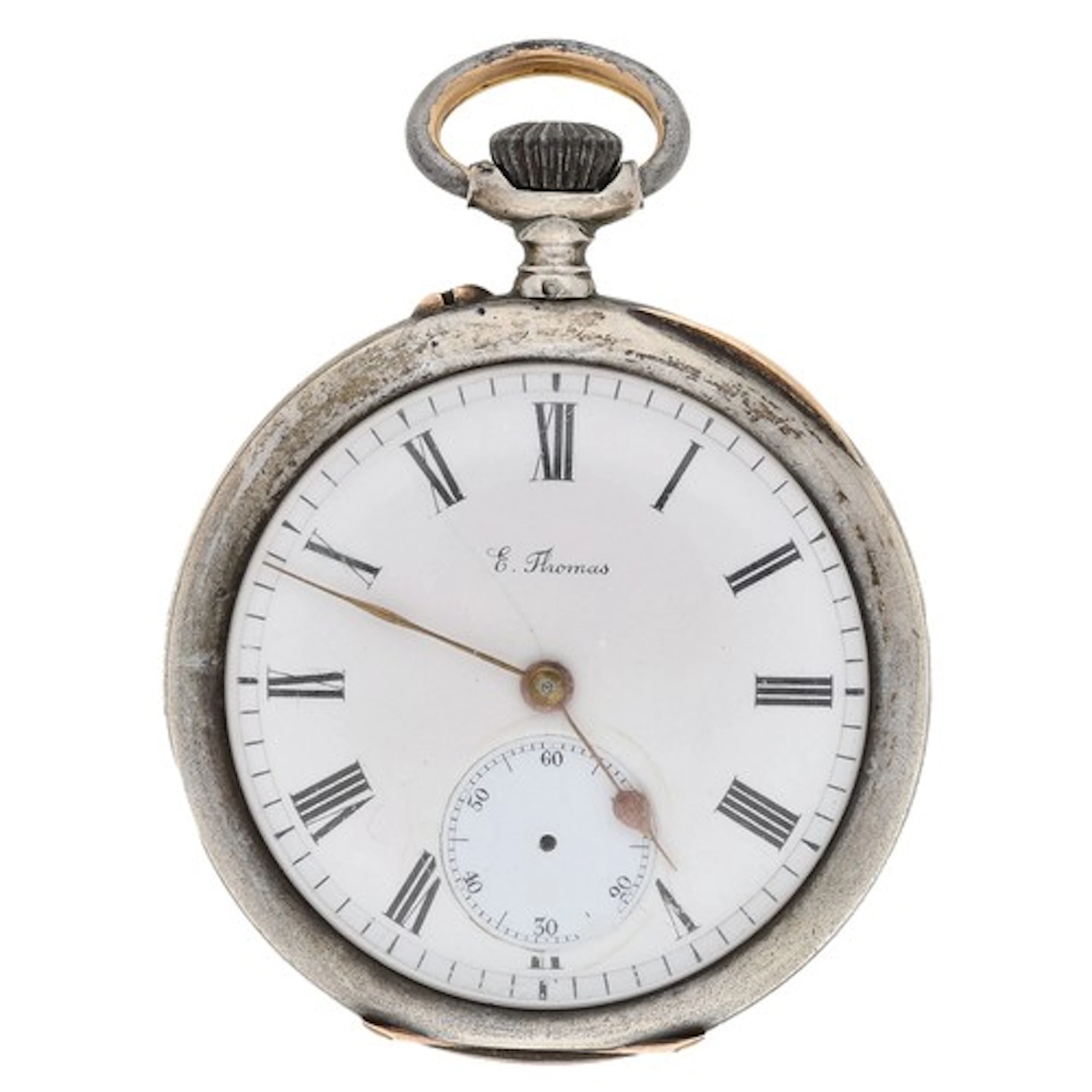 E. Thomas - French silver lever pocket watch, signed frosted...