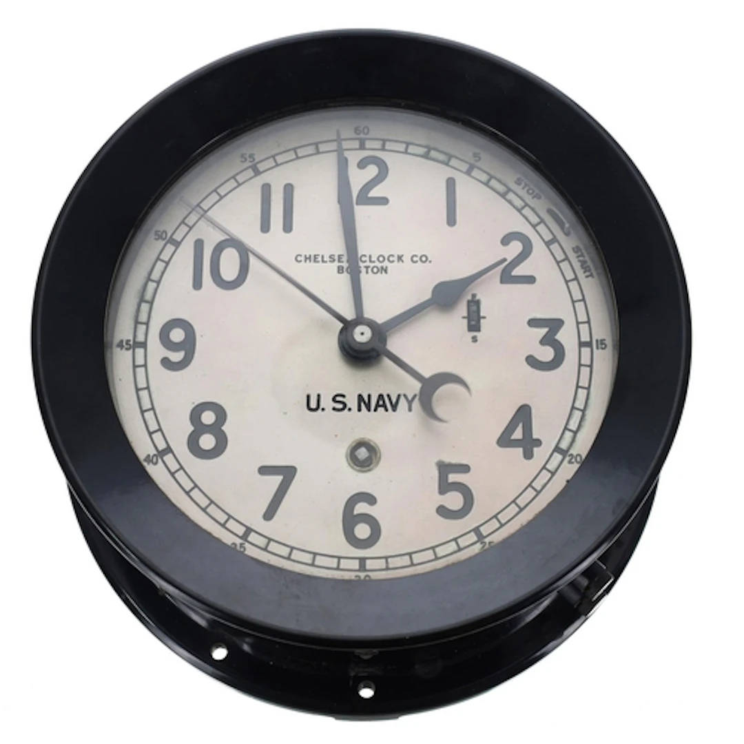 Chelsea Clock Co. Boston U.S. Navy bulkhead marine clock wi...