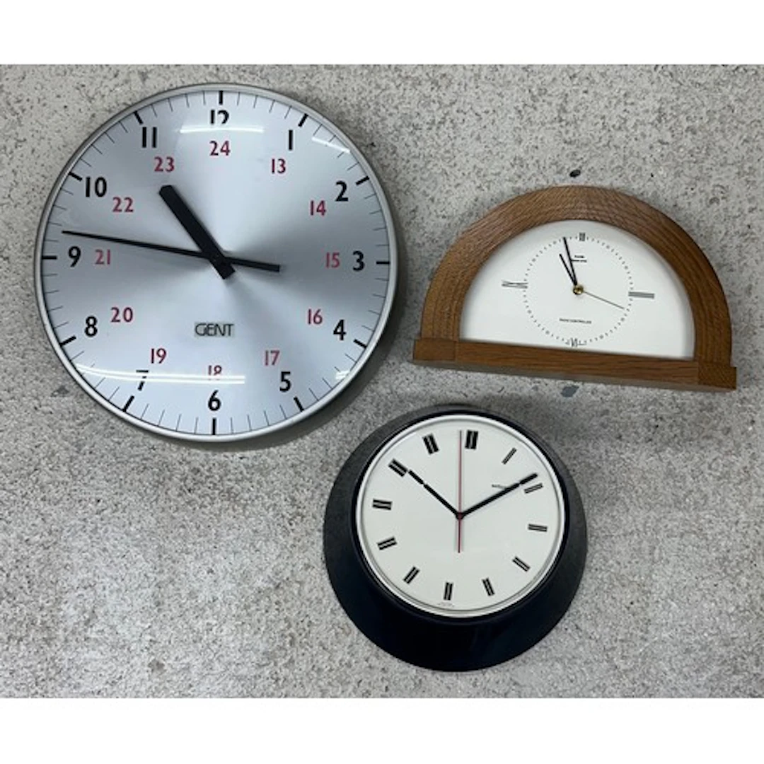 Selection of three clocks: Mid 20th century Selticon wall c...