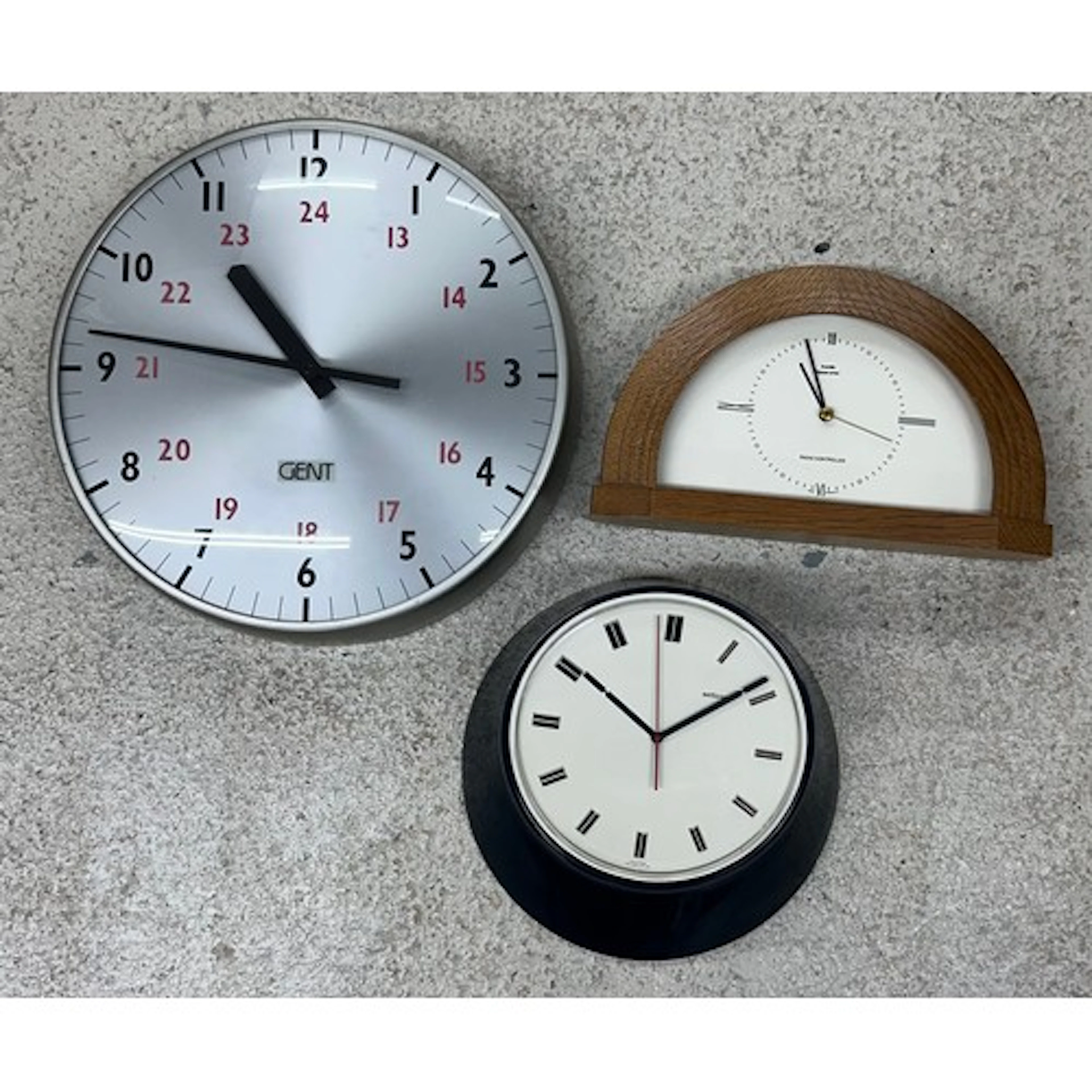 Selection of three clocks: Mid 20th century Selticon wall c...
