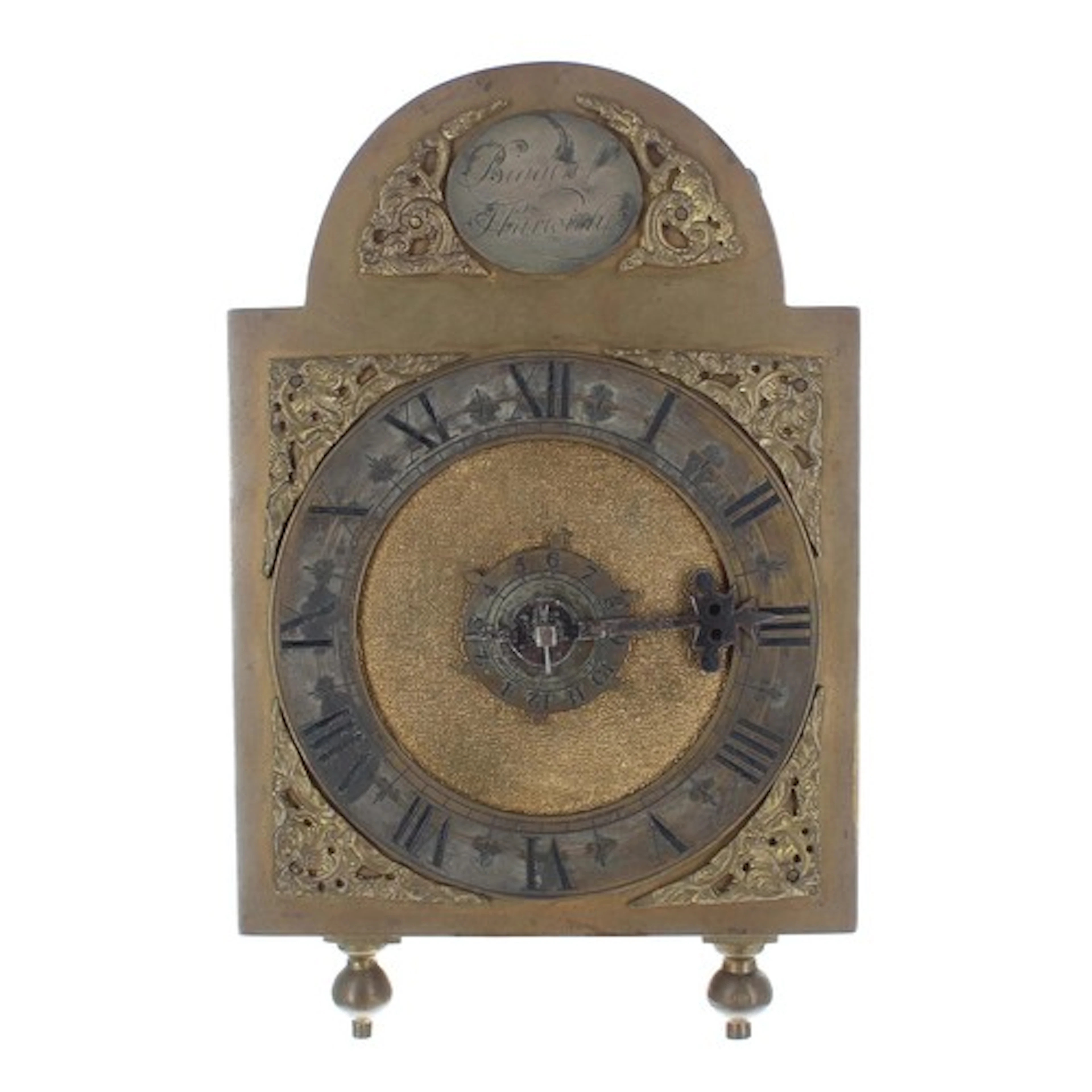 Small English brass hook and spike alarm verge lantern clock...
