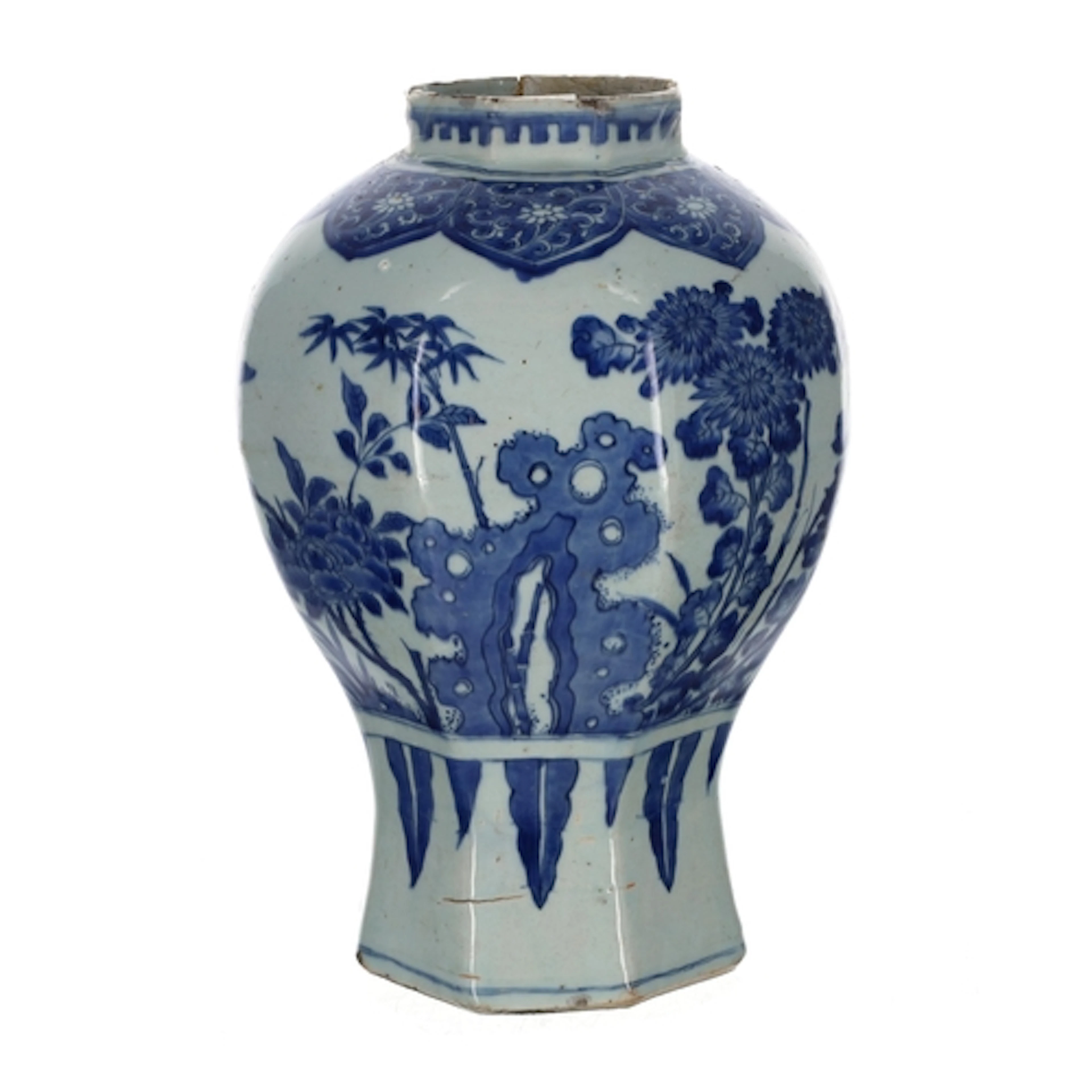 Chinese blue and white octagonal baluster vase, Chongzhen, l...