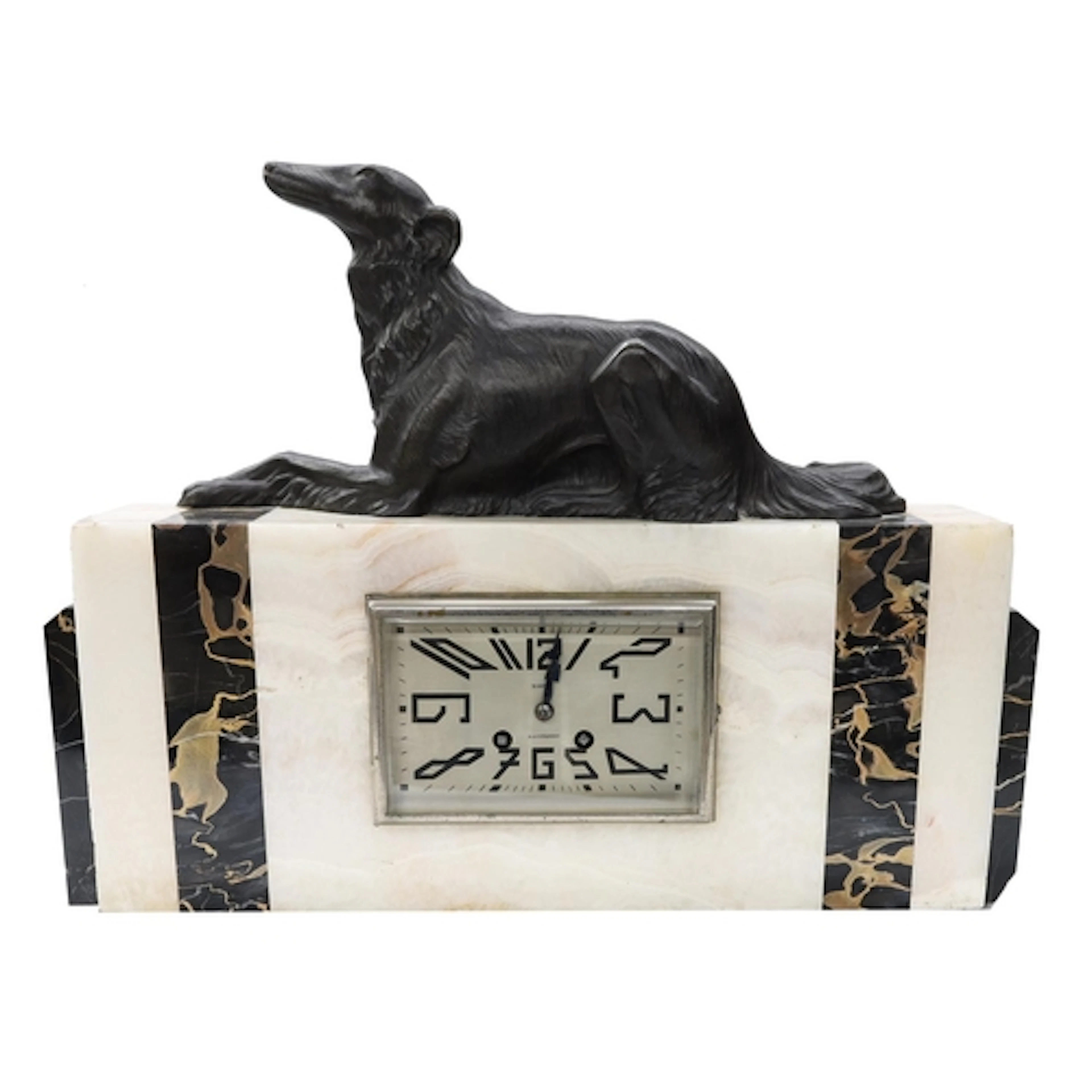 French Art Deco marble and onyx striking mantel clock, the s...
