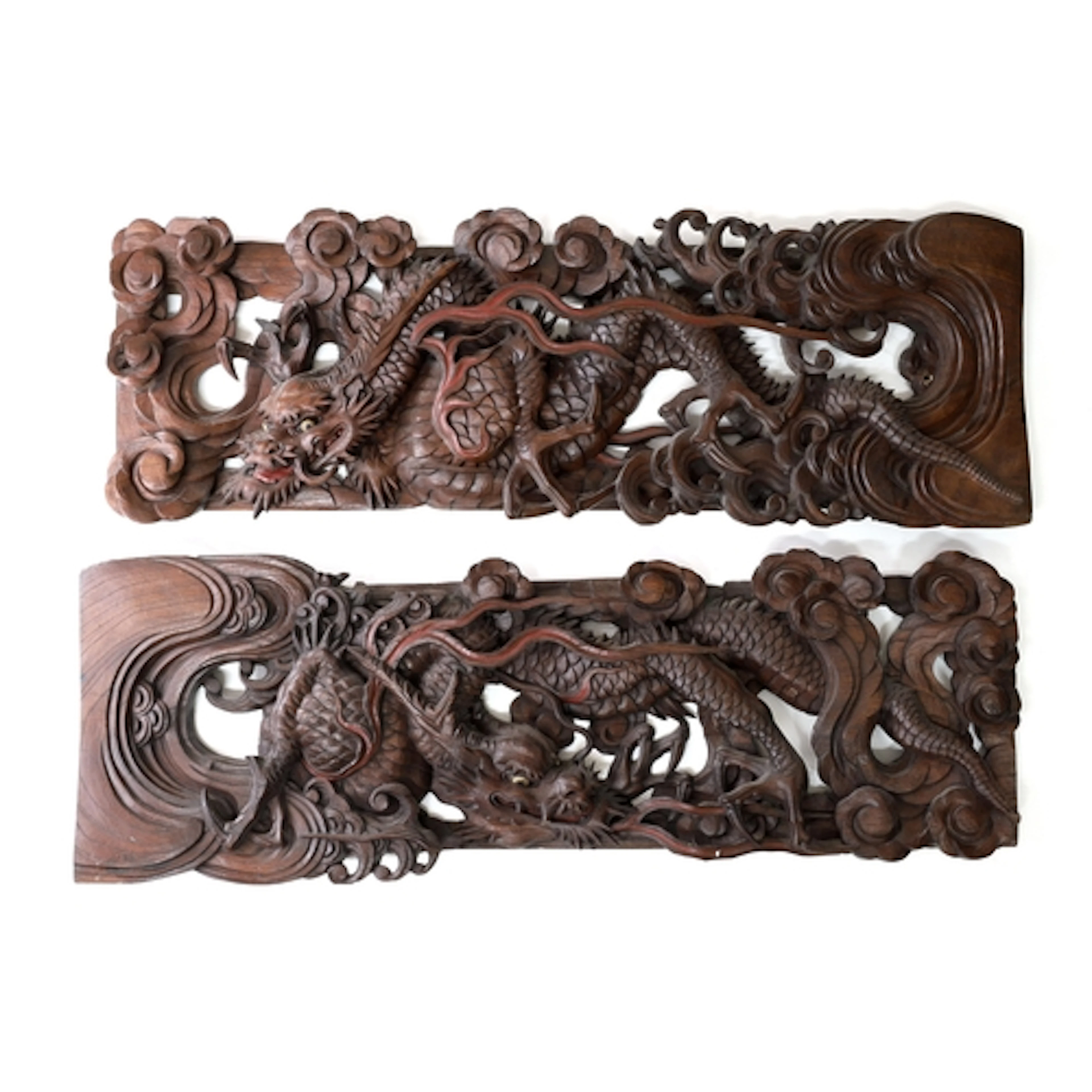 Pair of ornate Chinese carved teak carved panels, 20th centu...