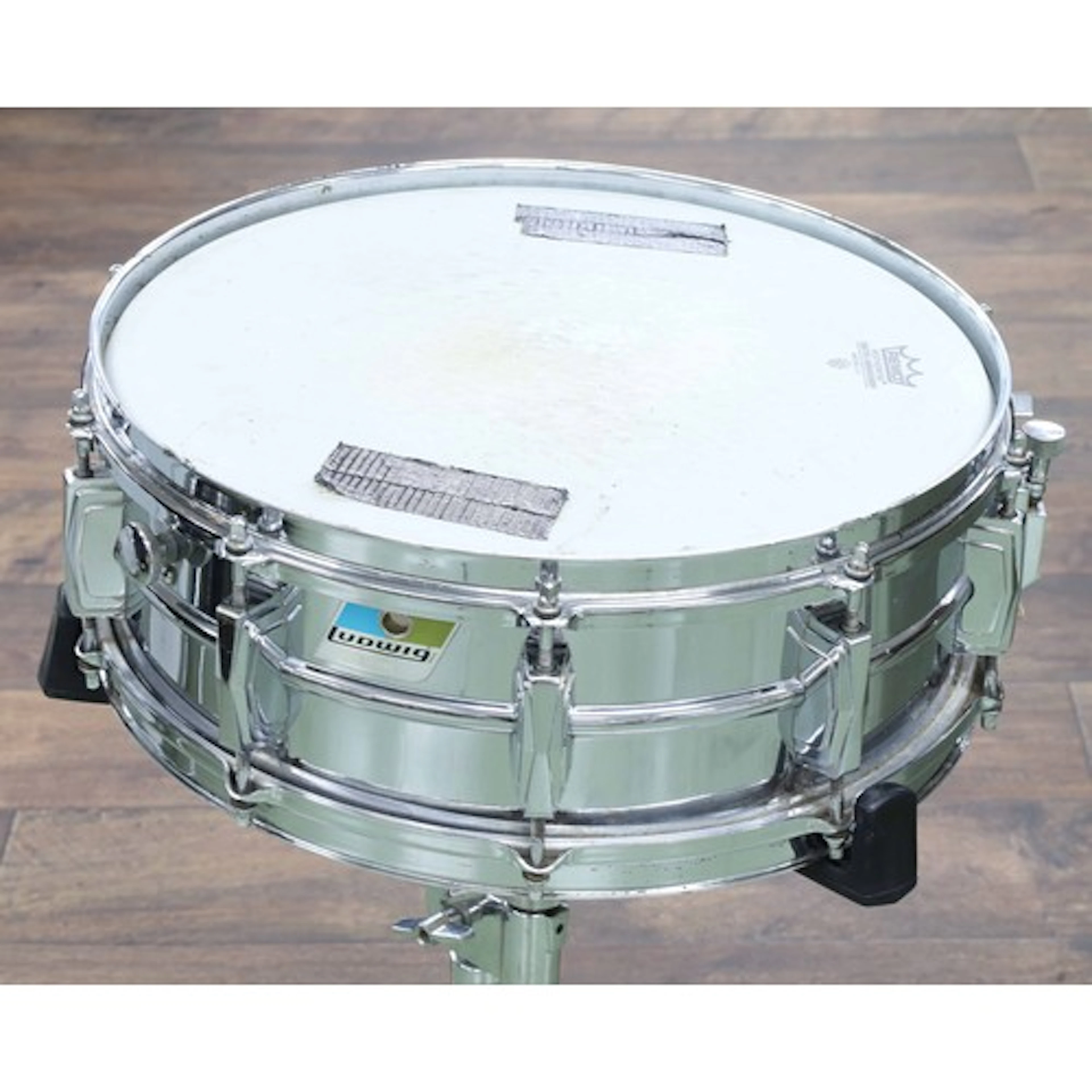1970s Ludwig snare drum, chrome finish, blue/olive pointed c...