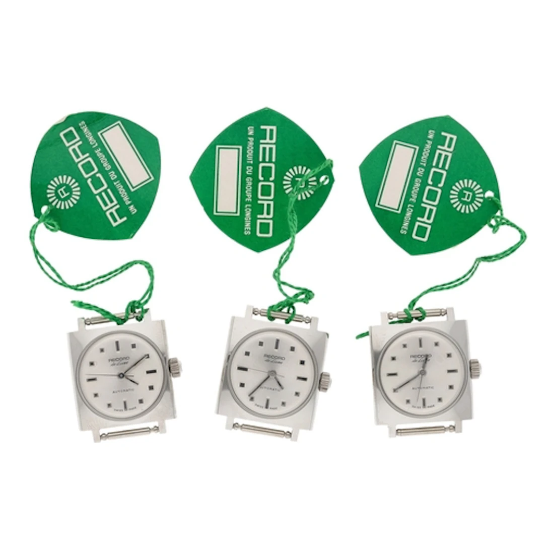 Three Record De Luxe automatic square cased stainless steel ...