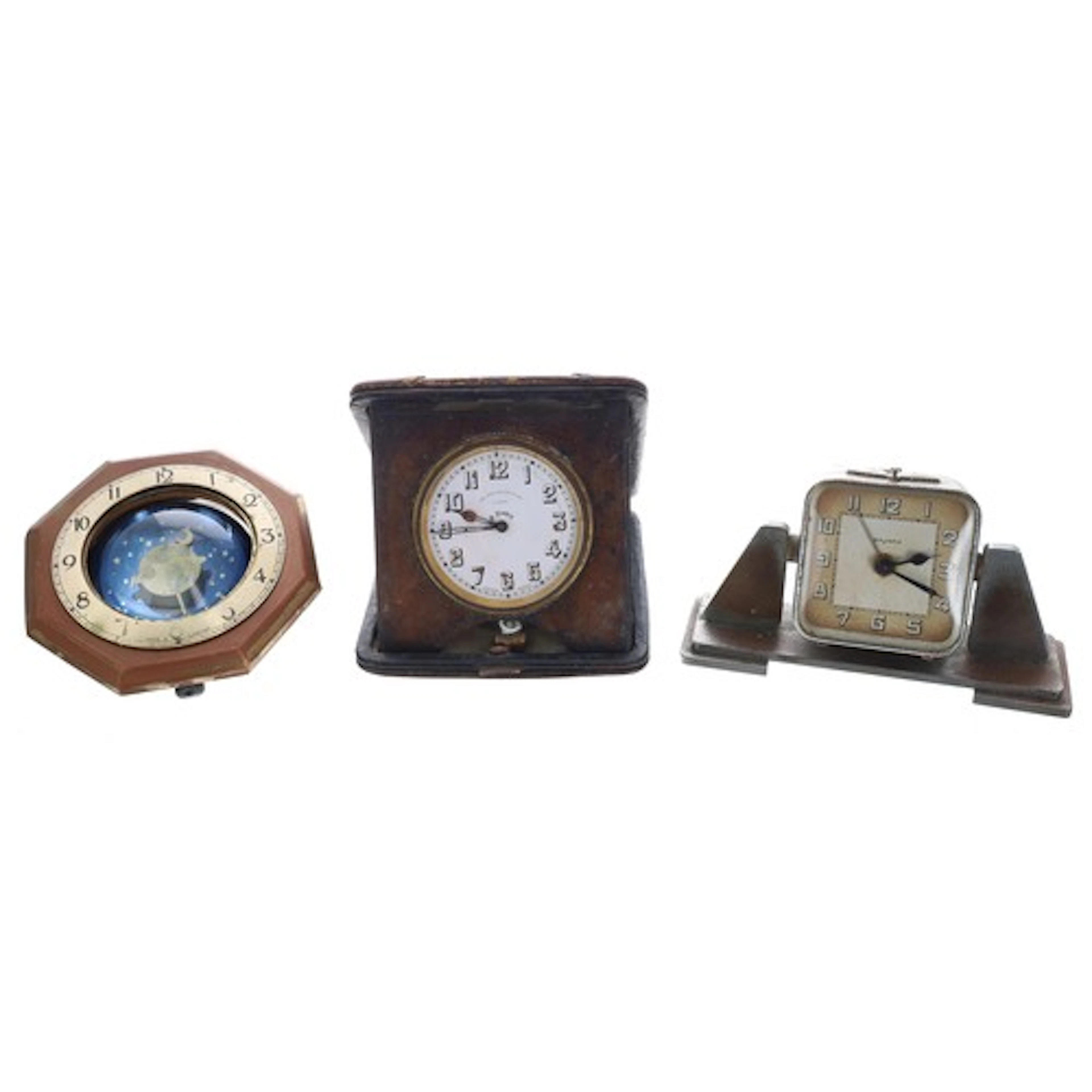 Leather cased Swiss travel clock timepiece, the 2.25" circul...