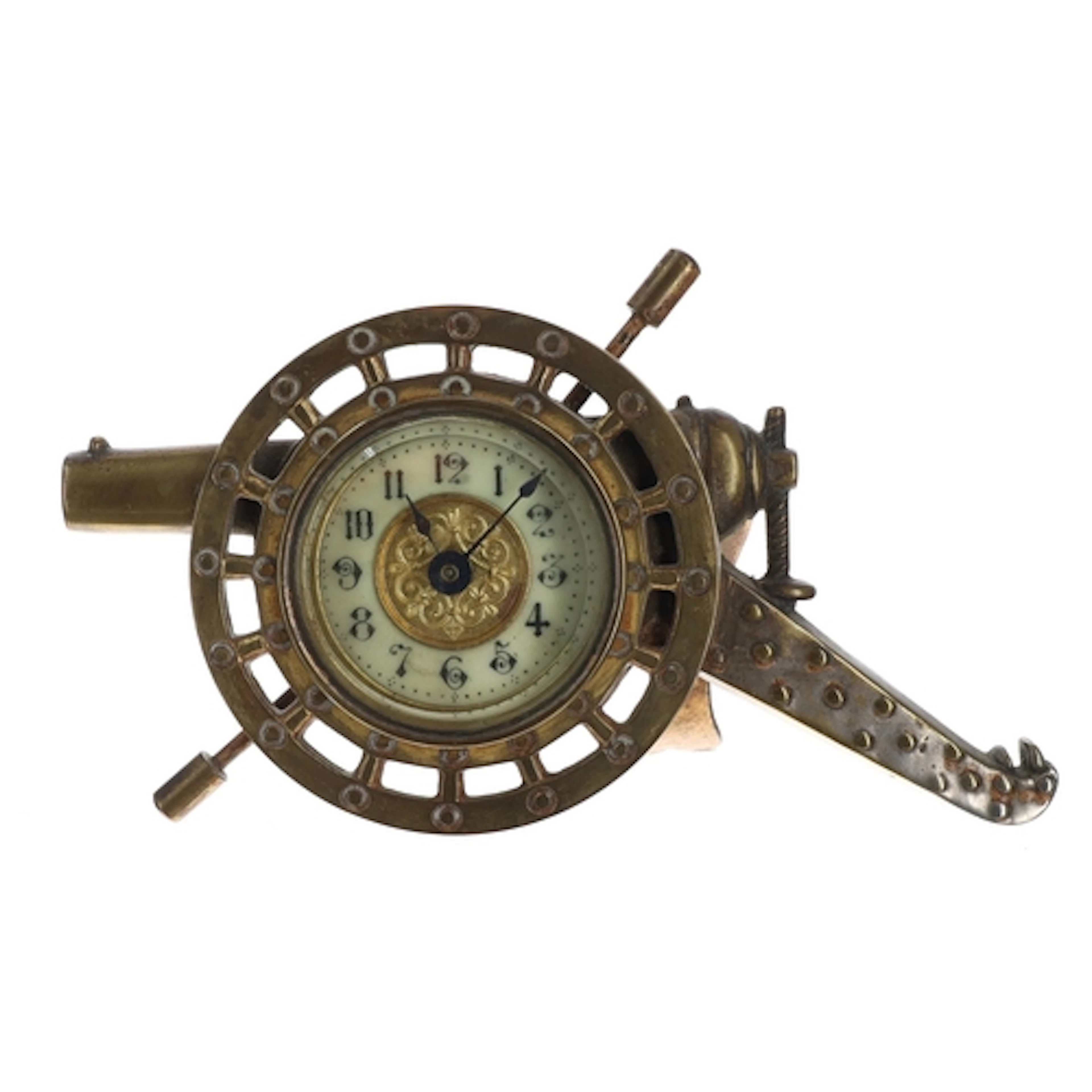 Unusual brass novelty clock timepiece in the form of a canno...