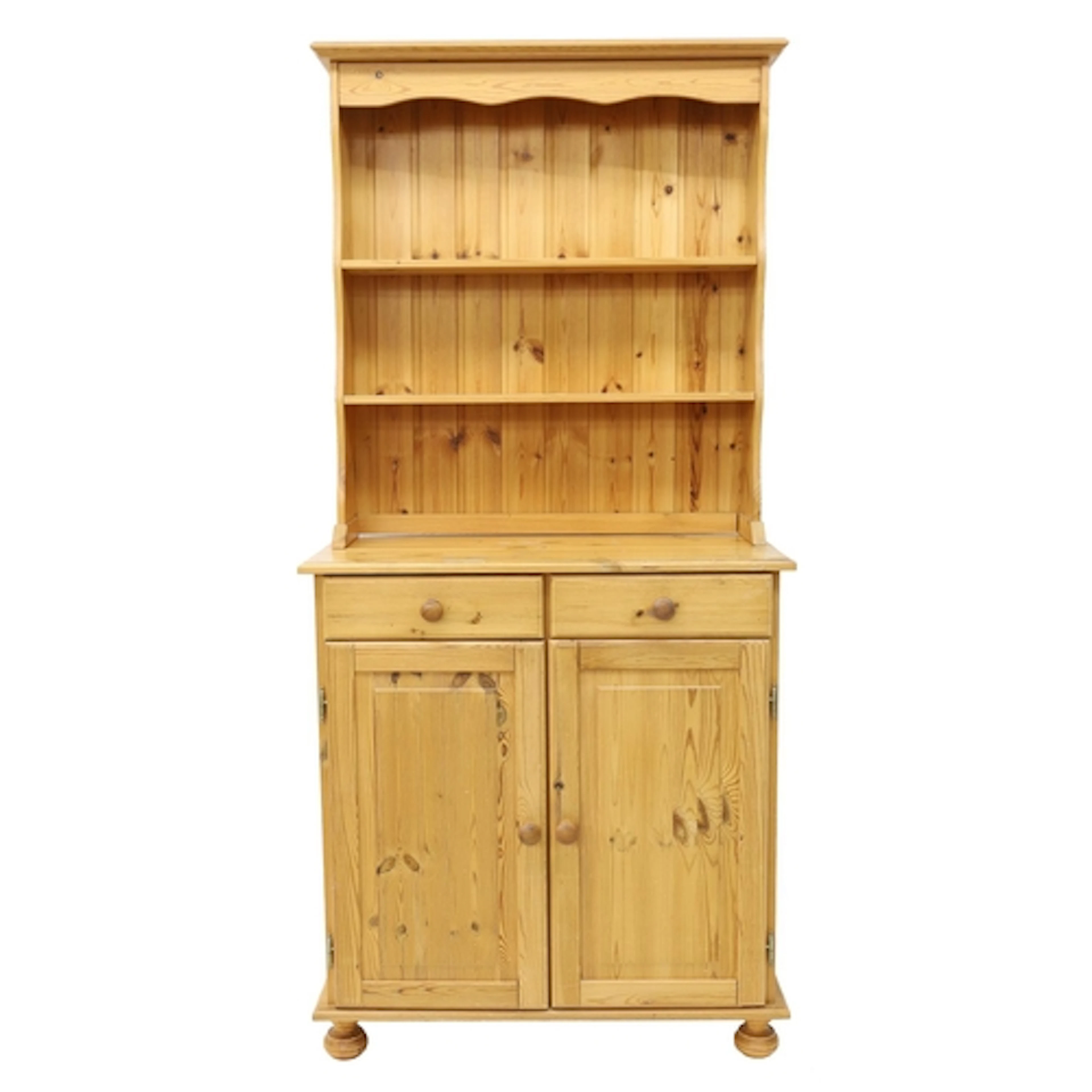 Pine dresser, the open plate rack above two frieze drawers a...