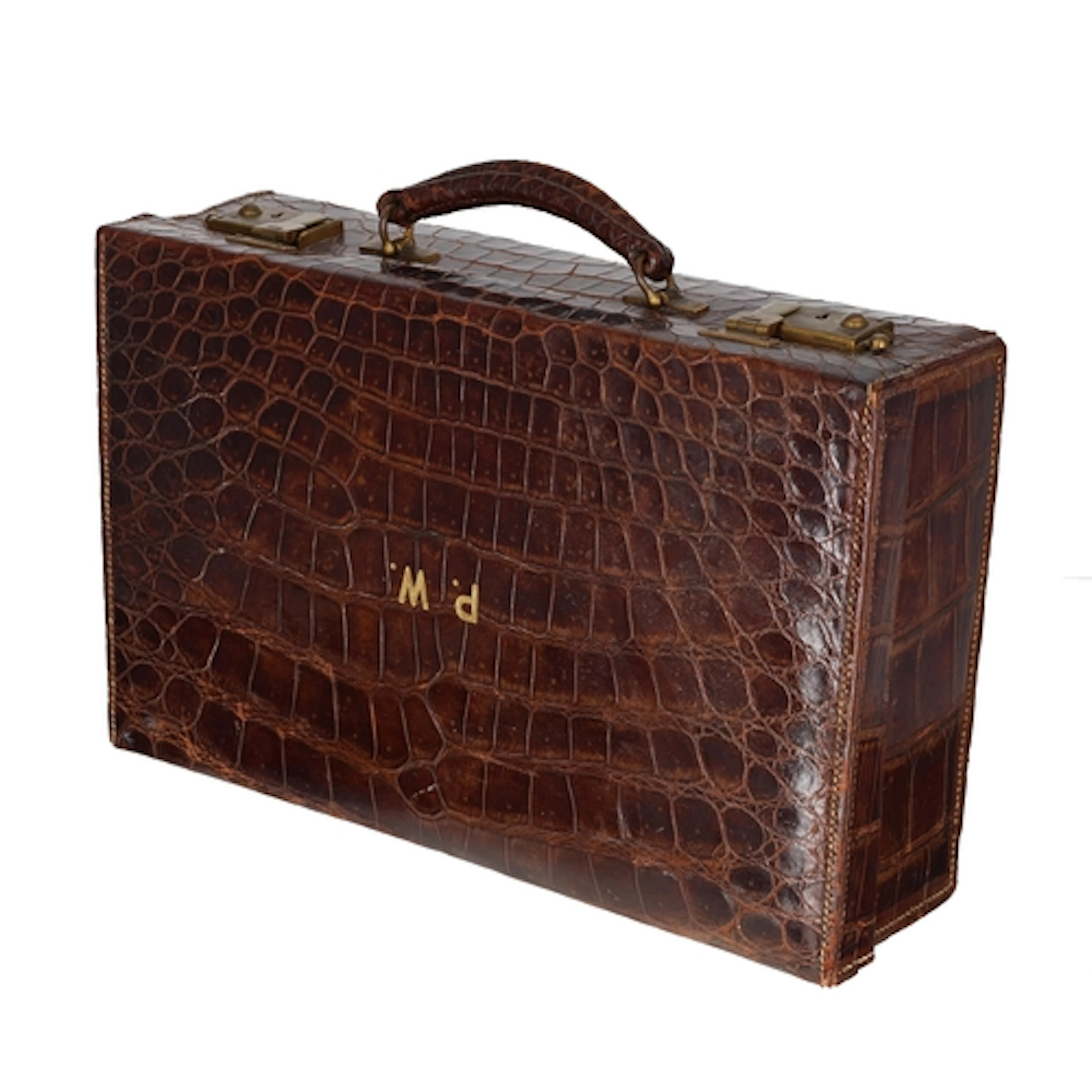 1930's crocodile skin travel case, of small size, hinged top...