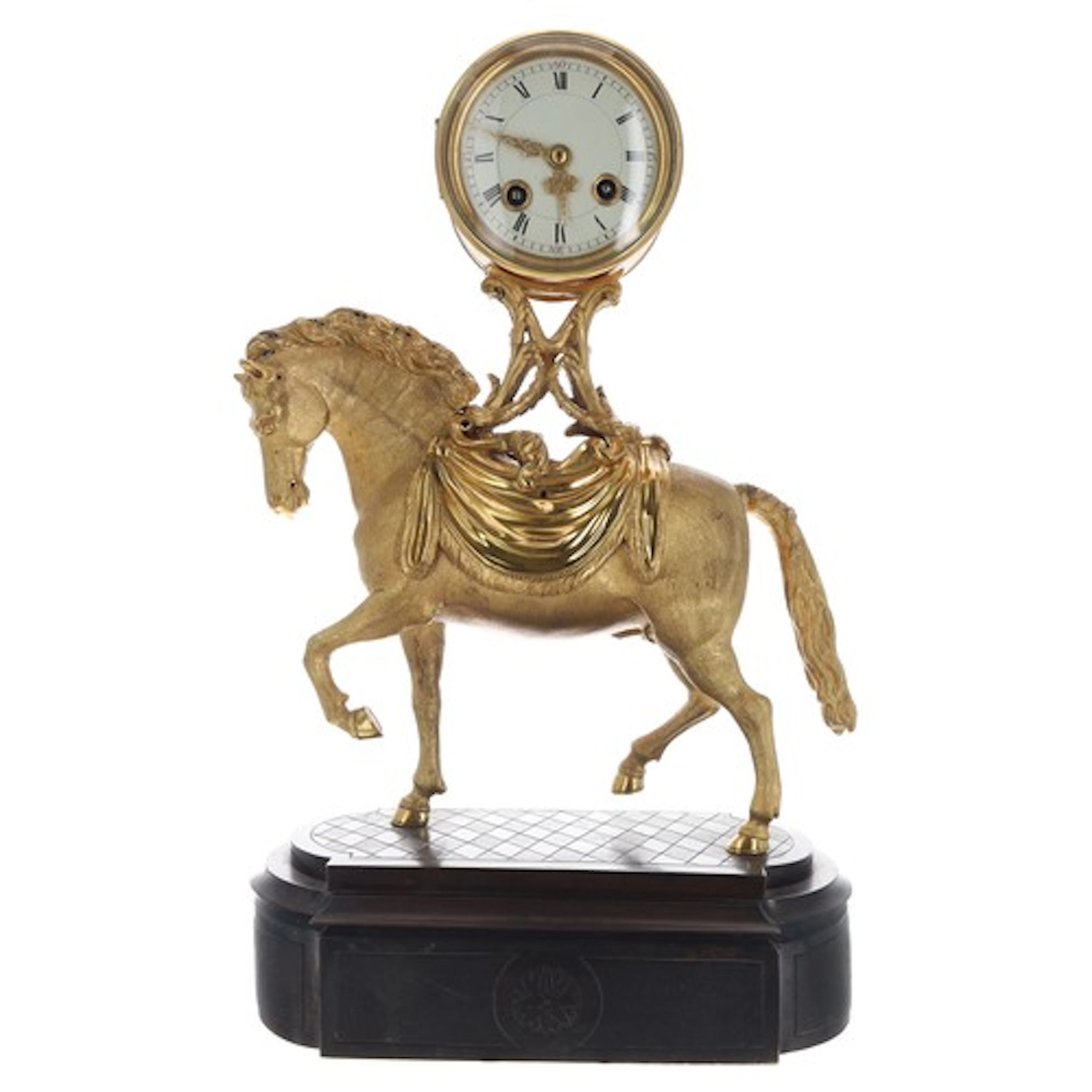 French bronze and ormolu striking mantel clock, with a figur...