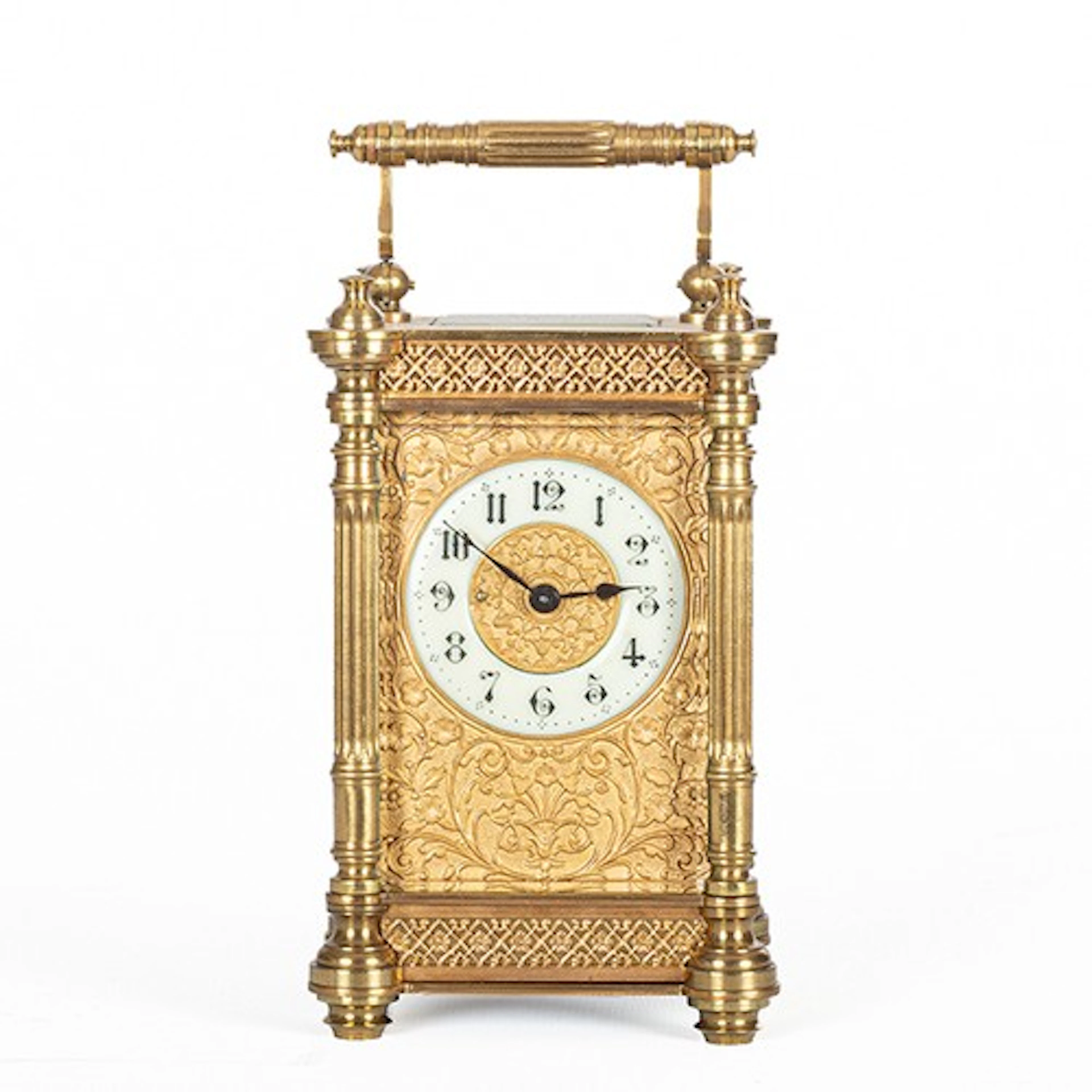 Ornate French brass carriage clock timepiece, the enamel cha...