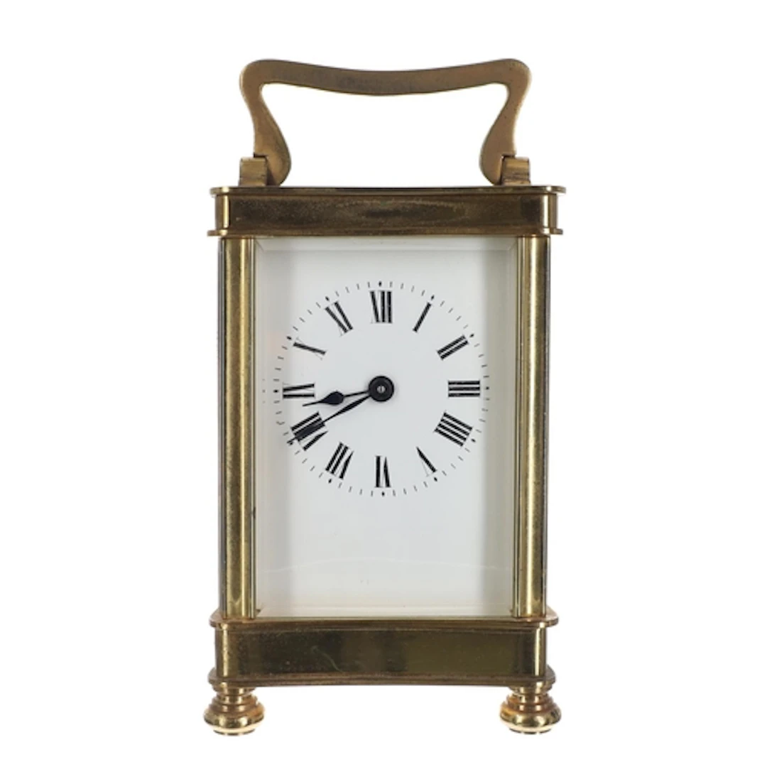 French brass carriage clock timepiece, the white dial with R...