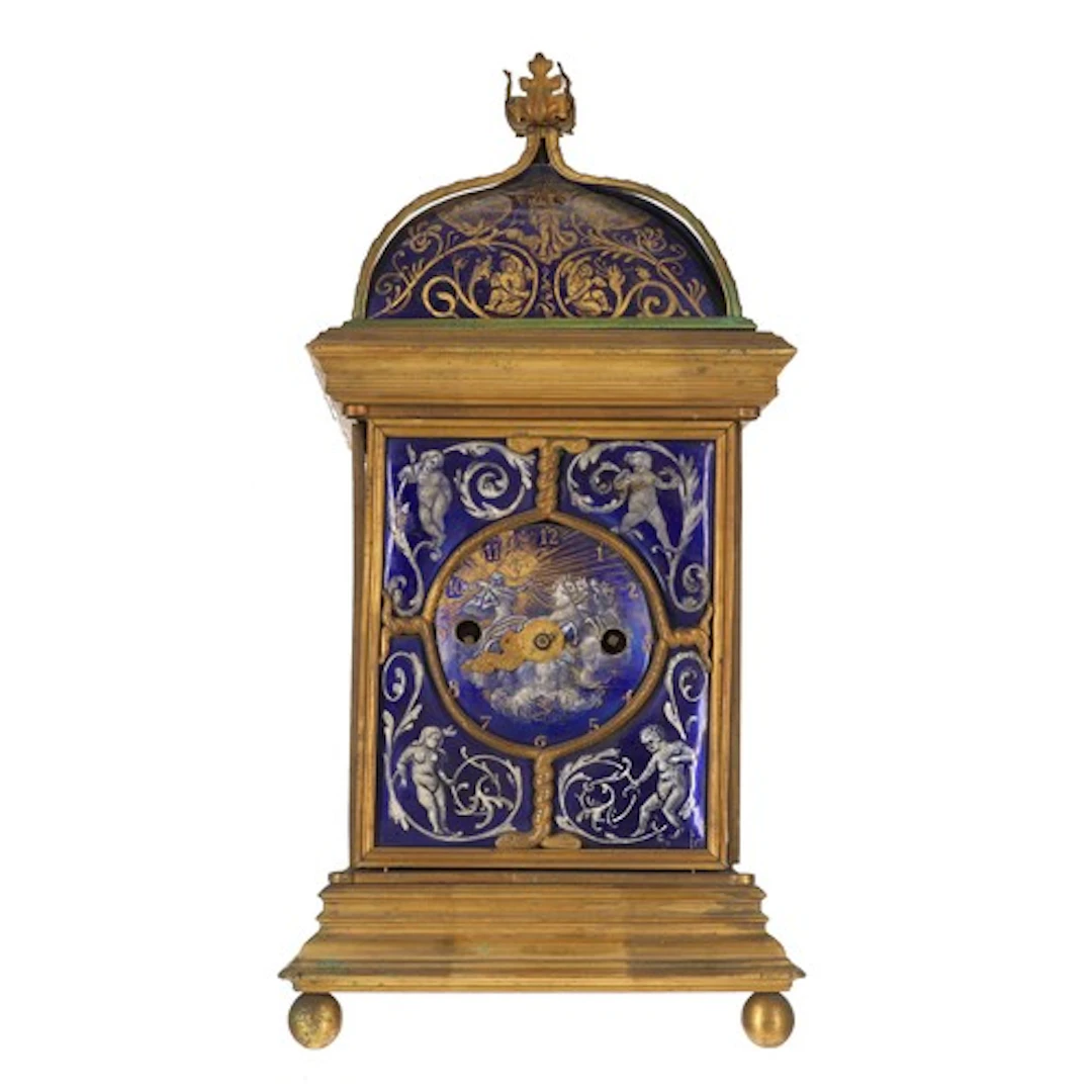 Interesting French enamel and ormolu double-sided table cloc...