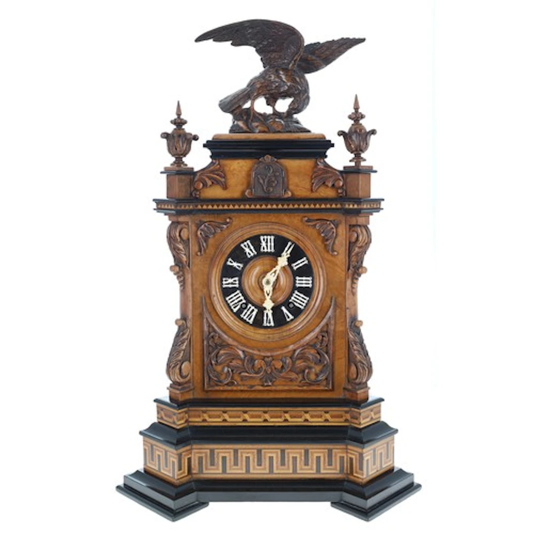 Impressive German Black Forest cuckoo walnut mantel clock by...