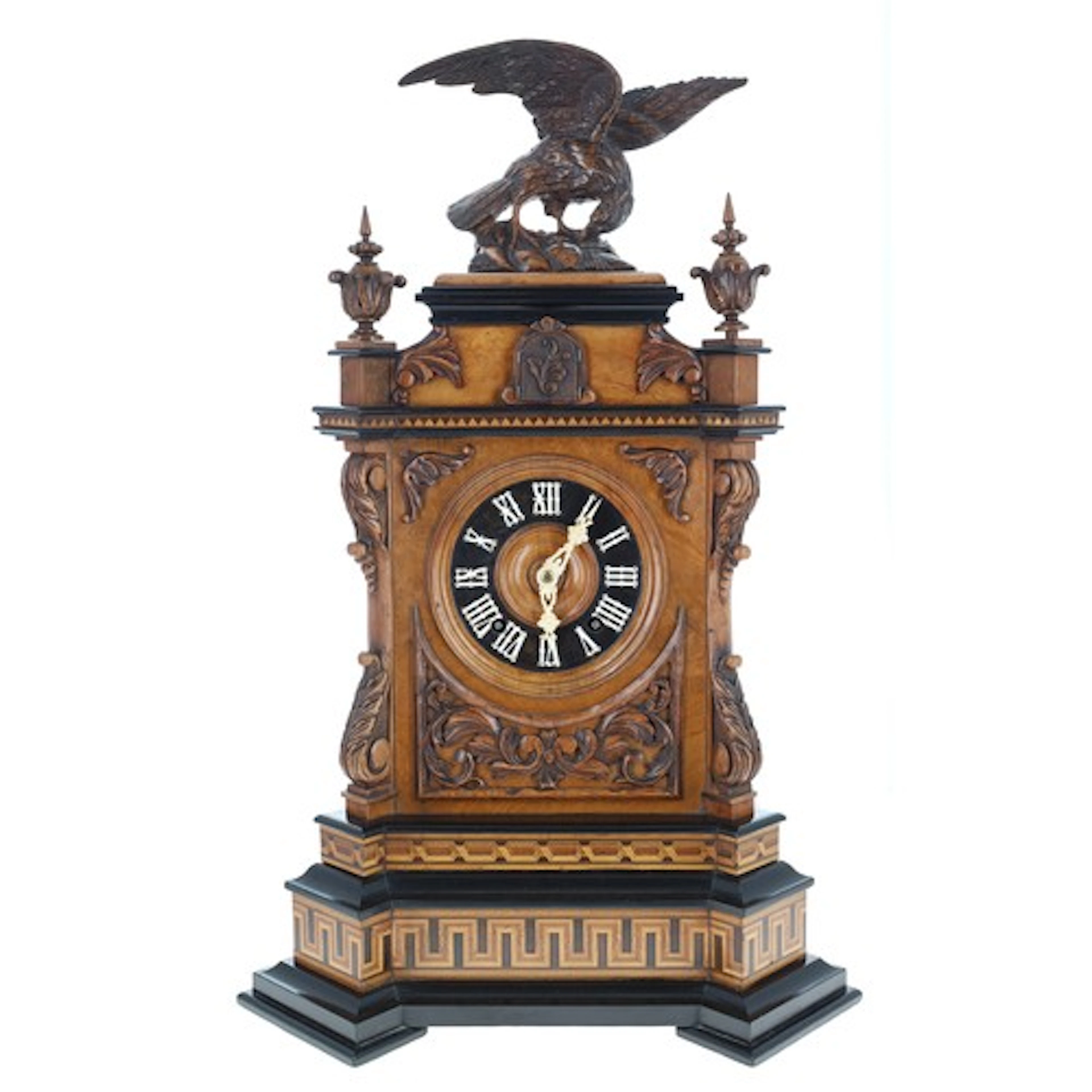 Impressive German Black Forest cuckoo walnut mantel clock by...