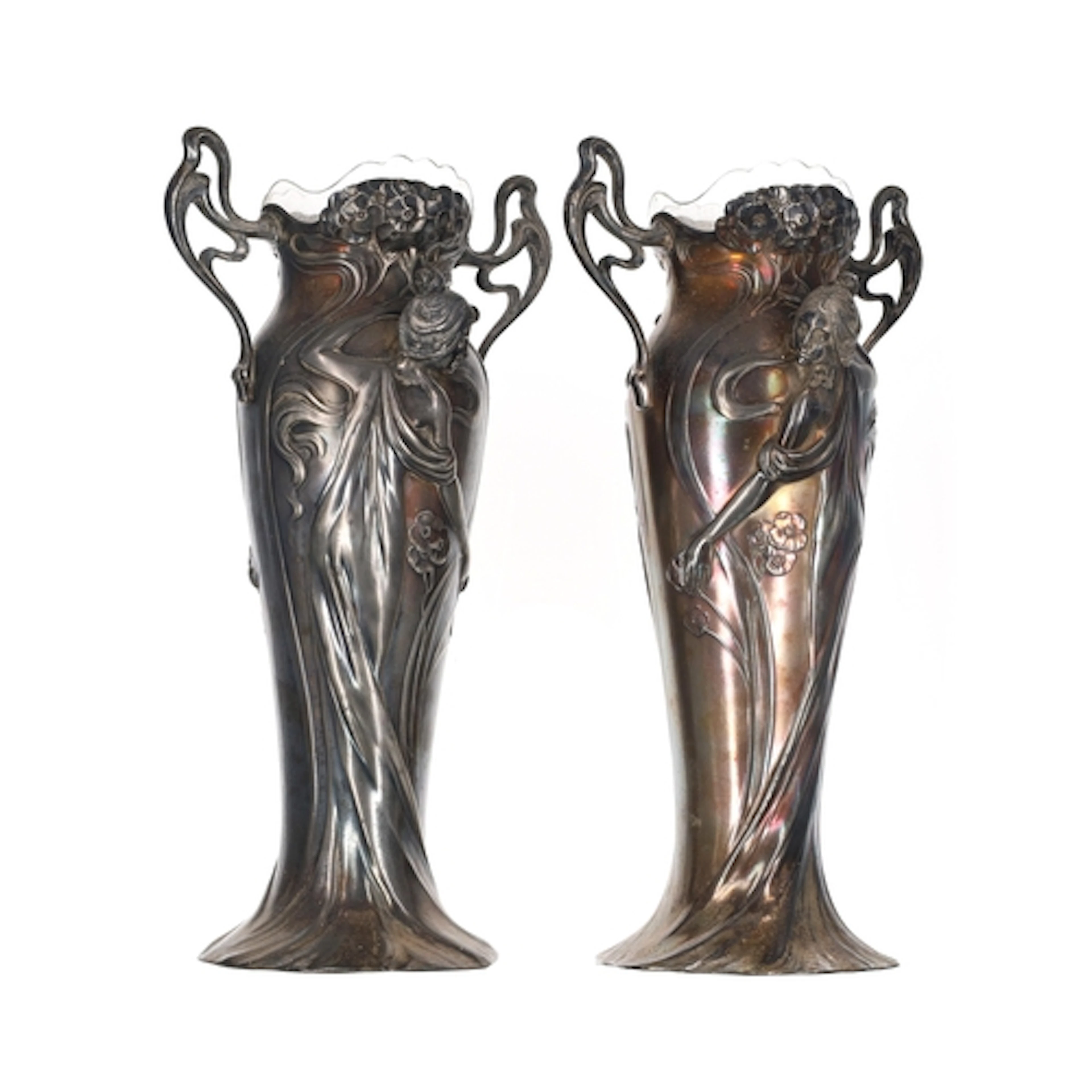 Fine pair of WMF Art Nouveau silver plated figural vases, ea...