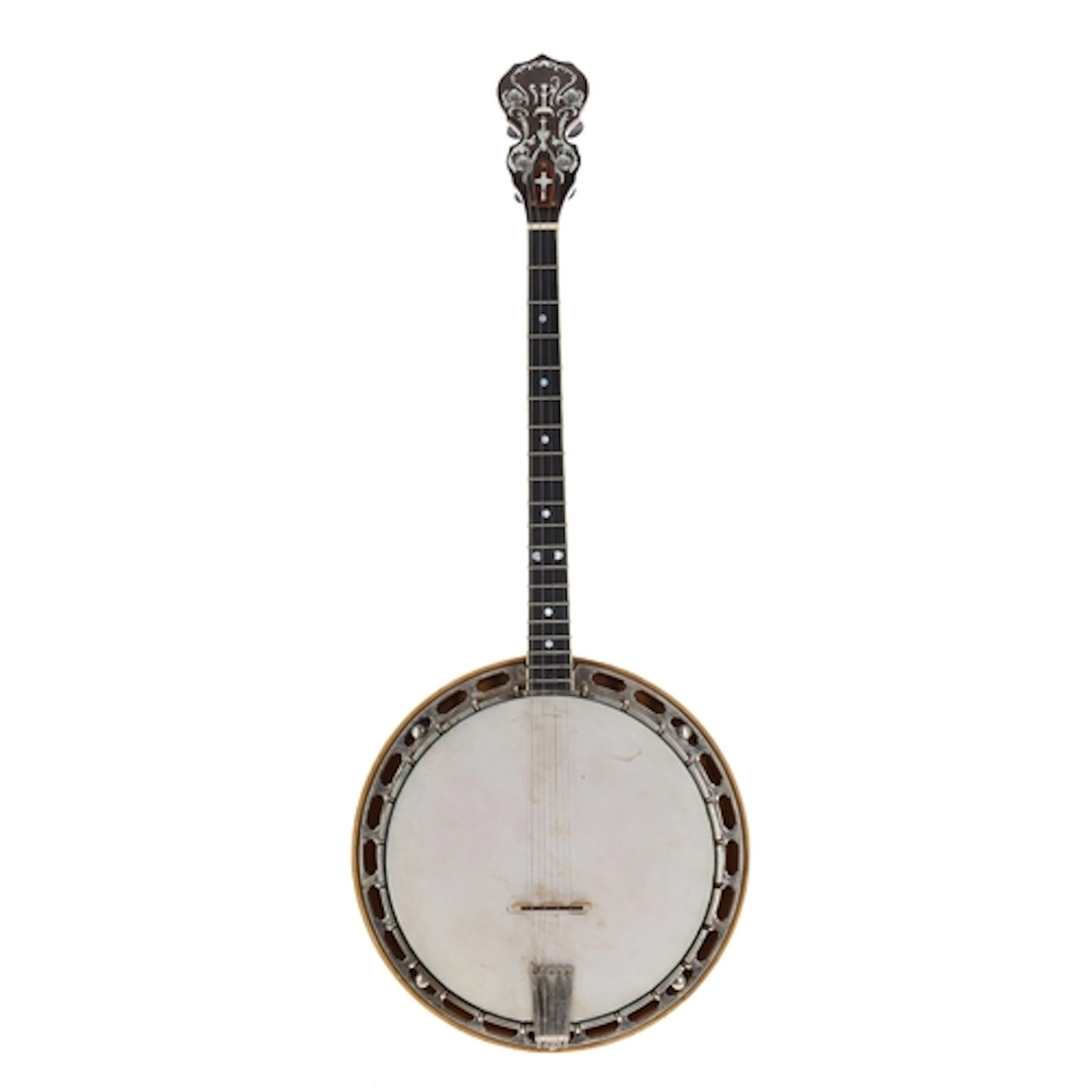 Interesting tenor banjo, possibly Irish, having foliate and ...
