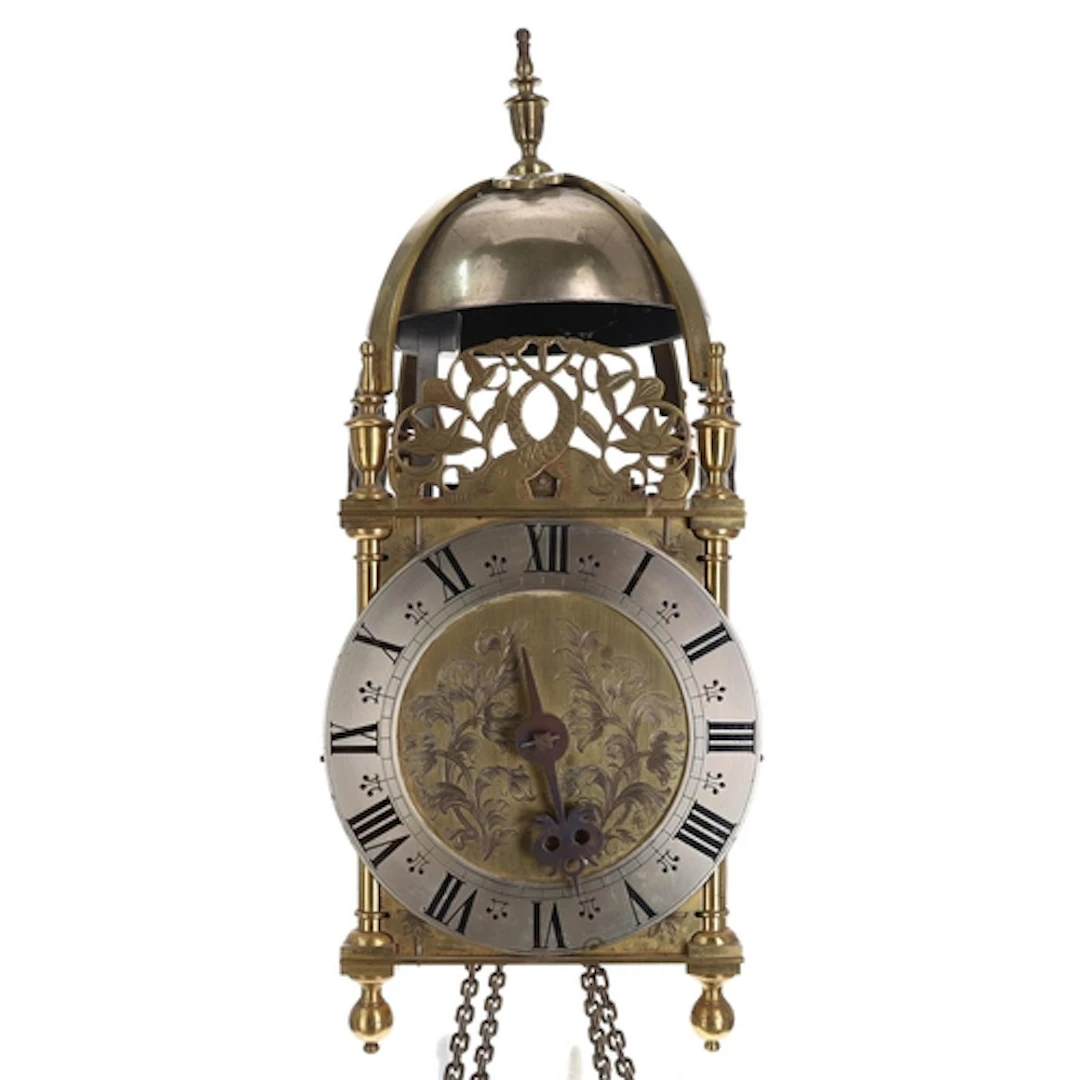 English brass verge lantern clock, the 6" silvered Roman num...