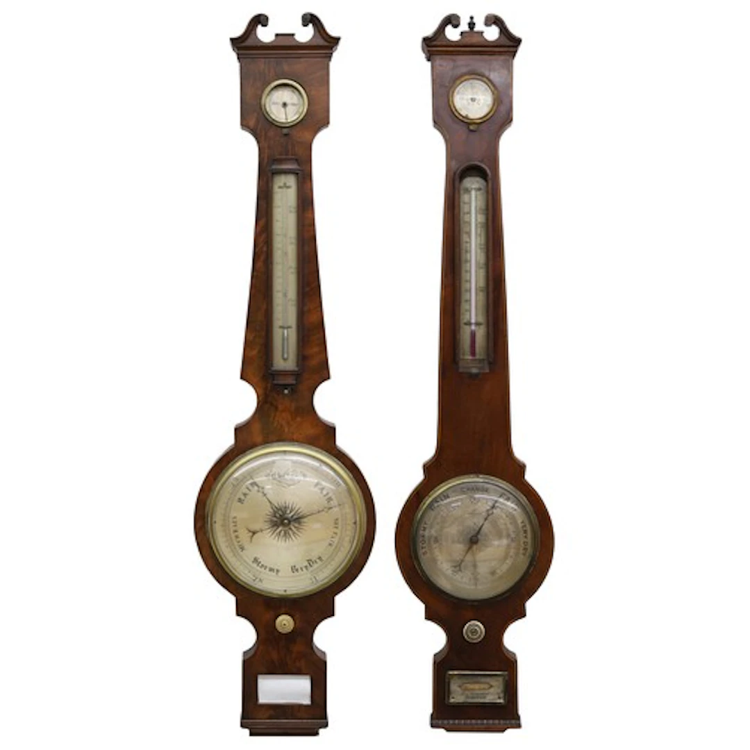 19th century mahogany barometer of slim proportions, the swa...