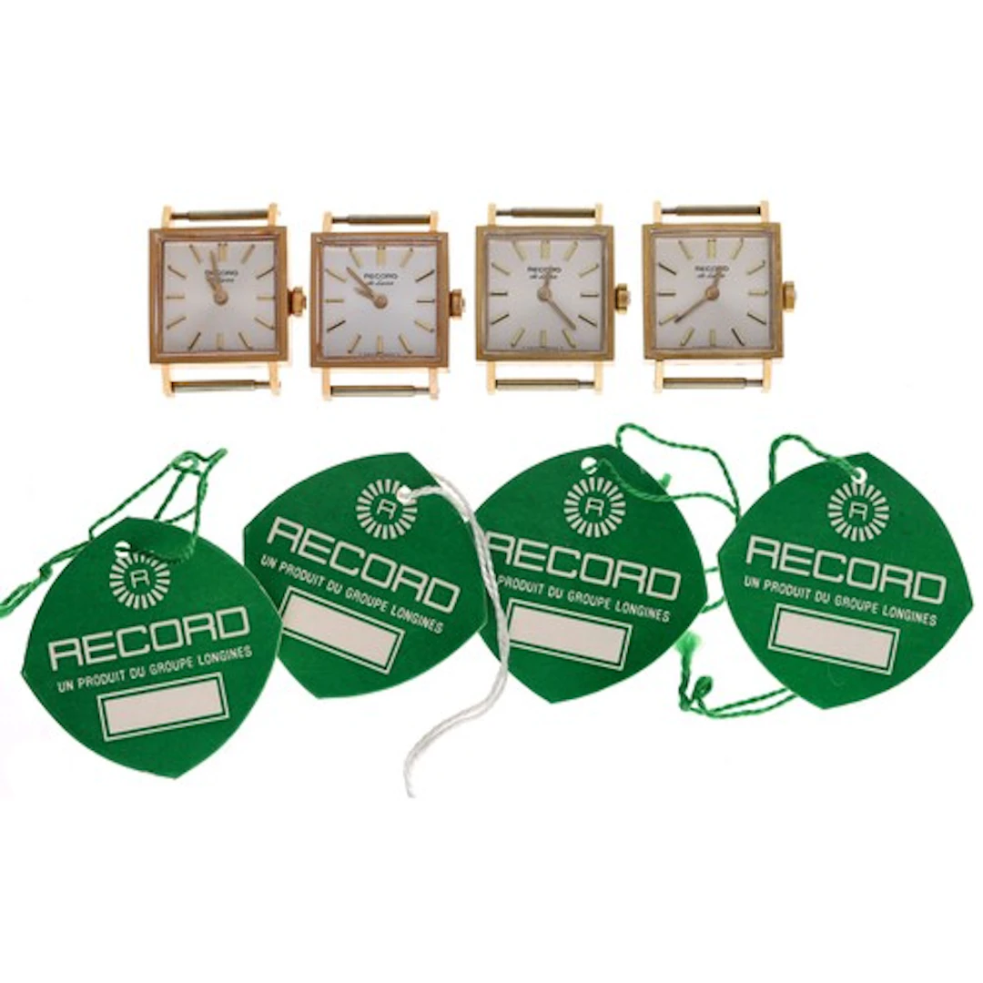 Four Record De Luxe square cased gold plated and stainless s...