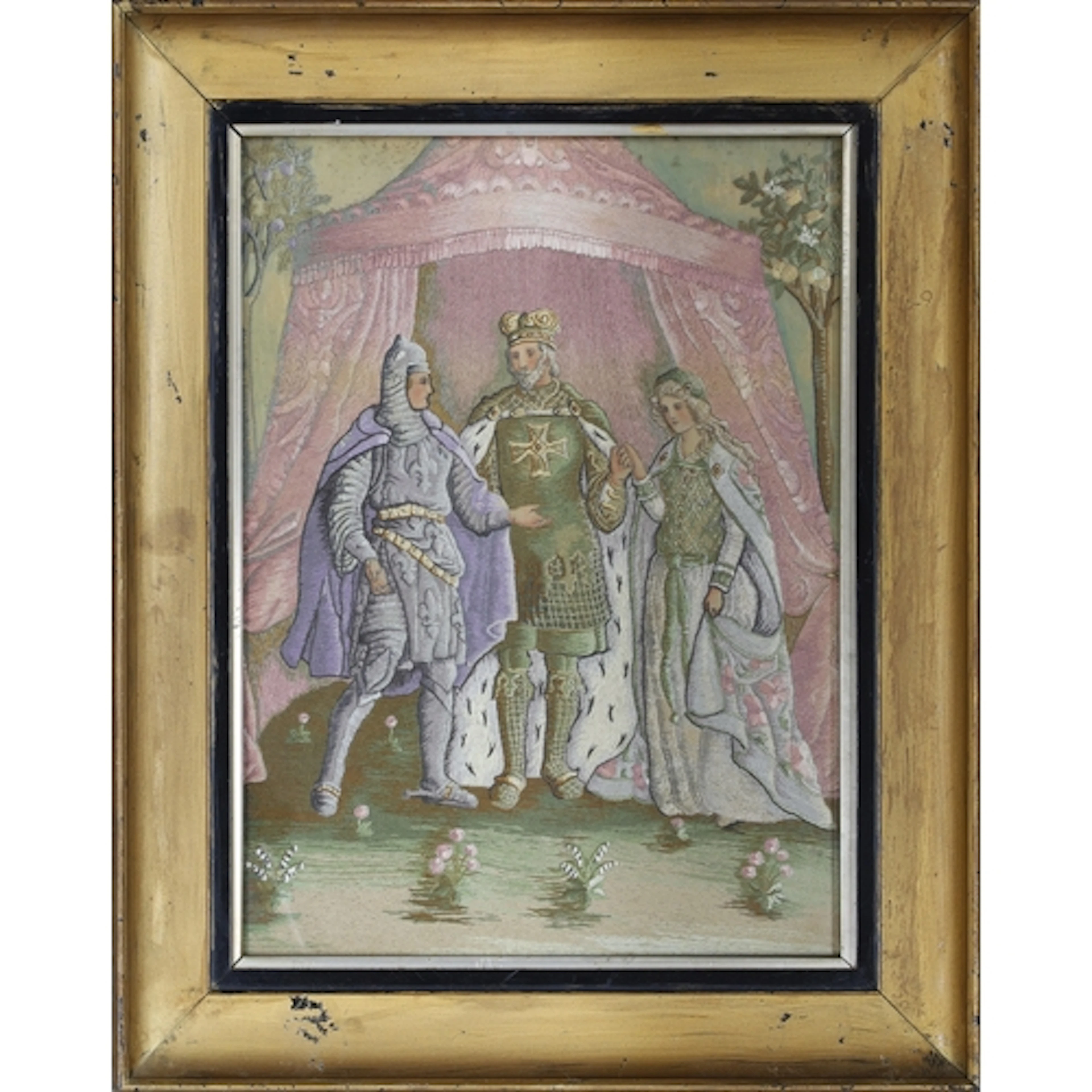 Arts and Crafts period silkwork picture, depicting a medieva...