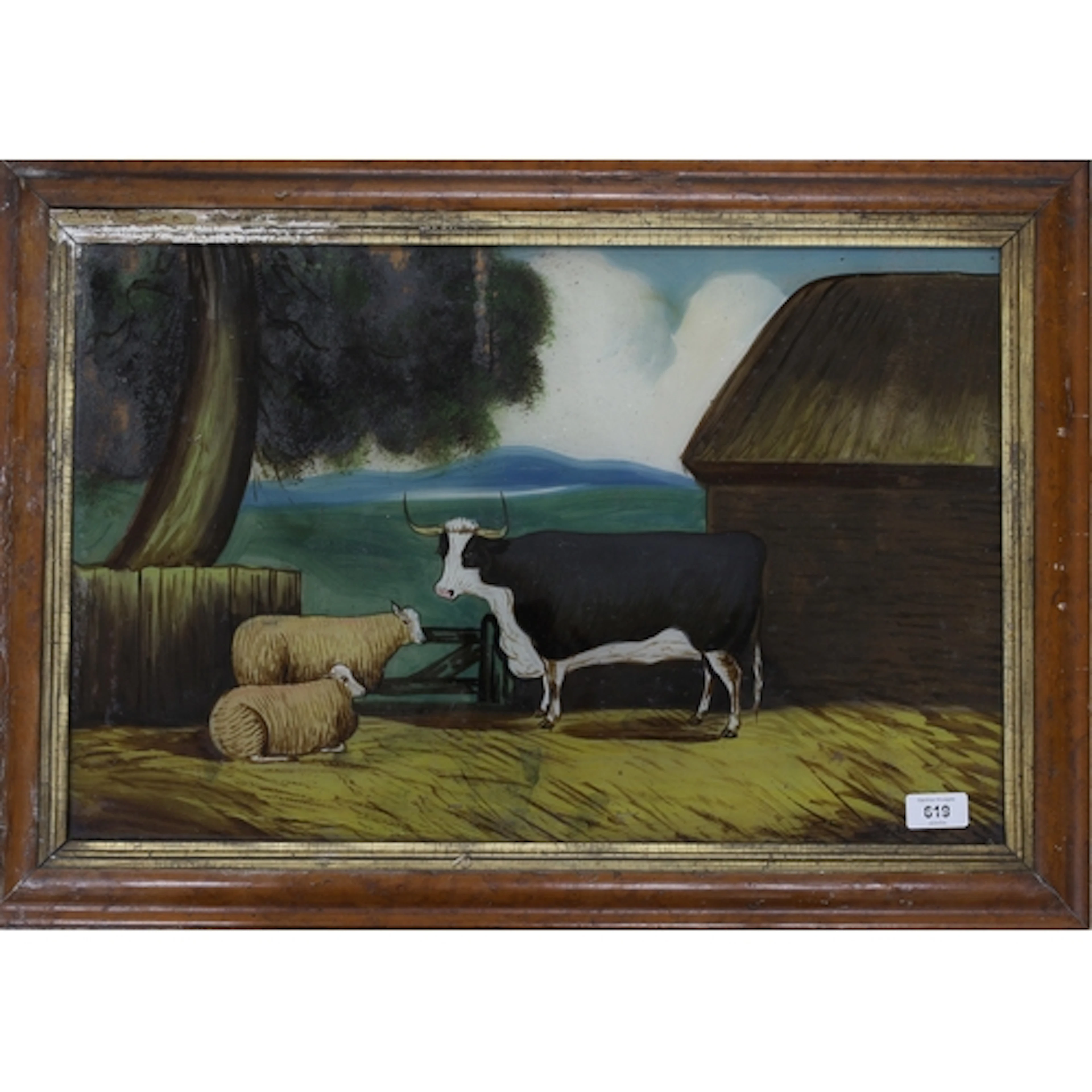 Naive reverse painting on glass, depicting a bull and two sh...