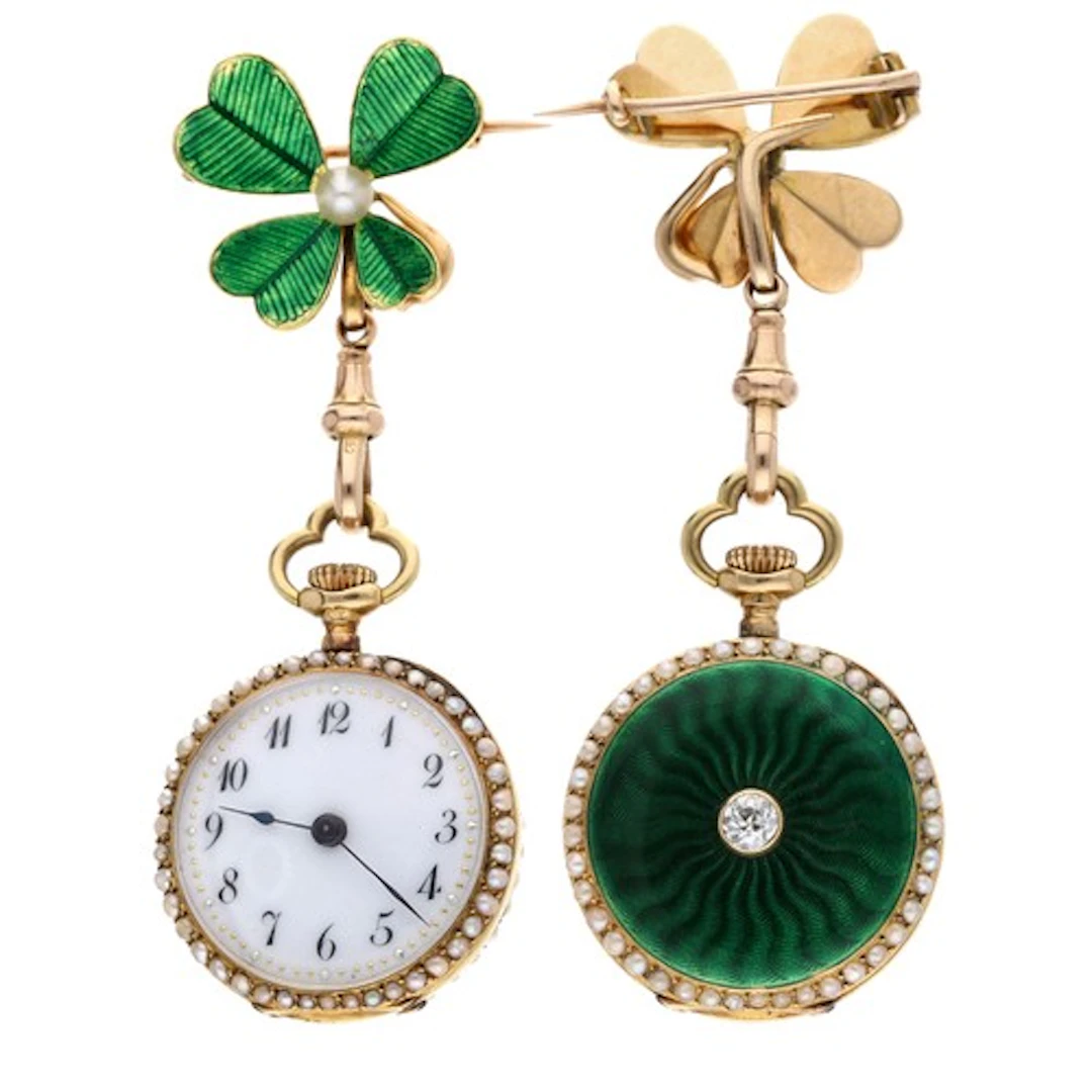 Attractive Swiss 18ct green enamel seed pearl and diamond se...