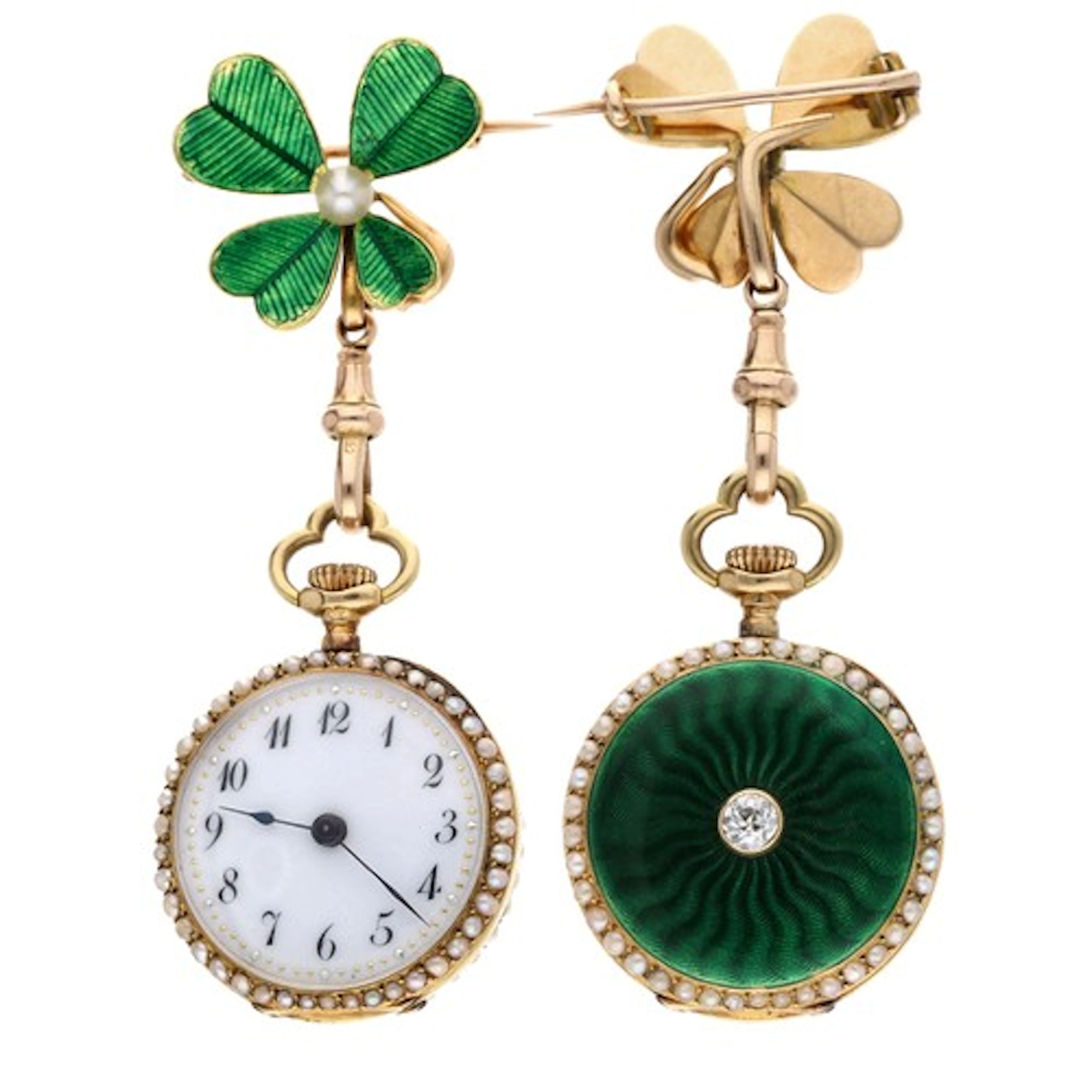Attractive Swiss 18ct green enamel seed pearl and diamond se...